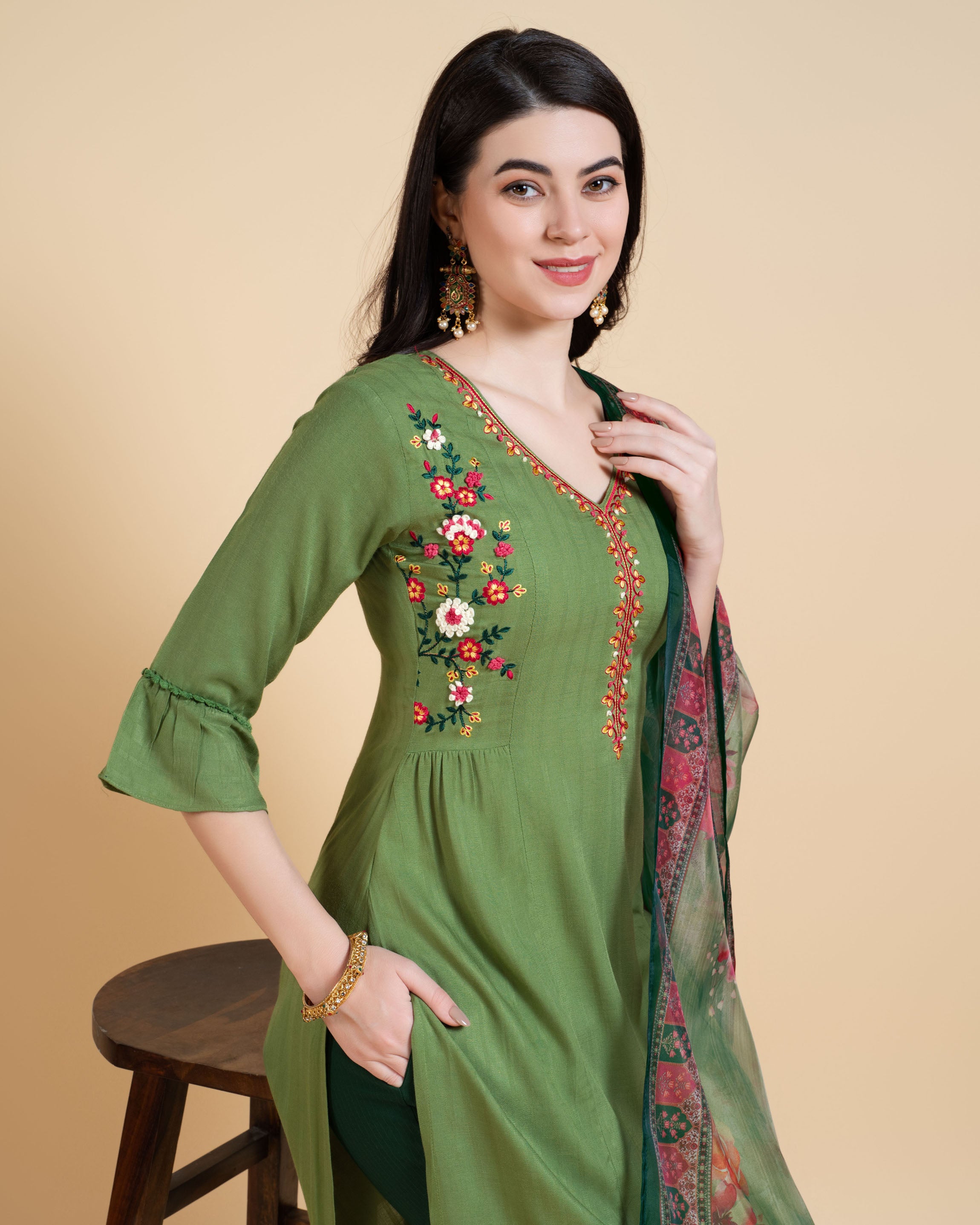 Her Couture Women's Green Rayon Floral Embroidered Kantha Work Kurta With Pant & Dupatta