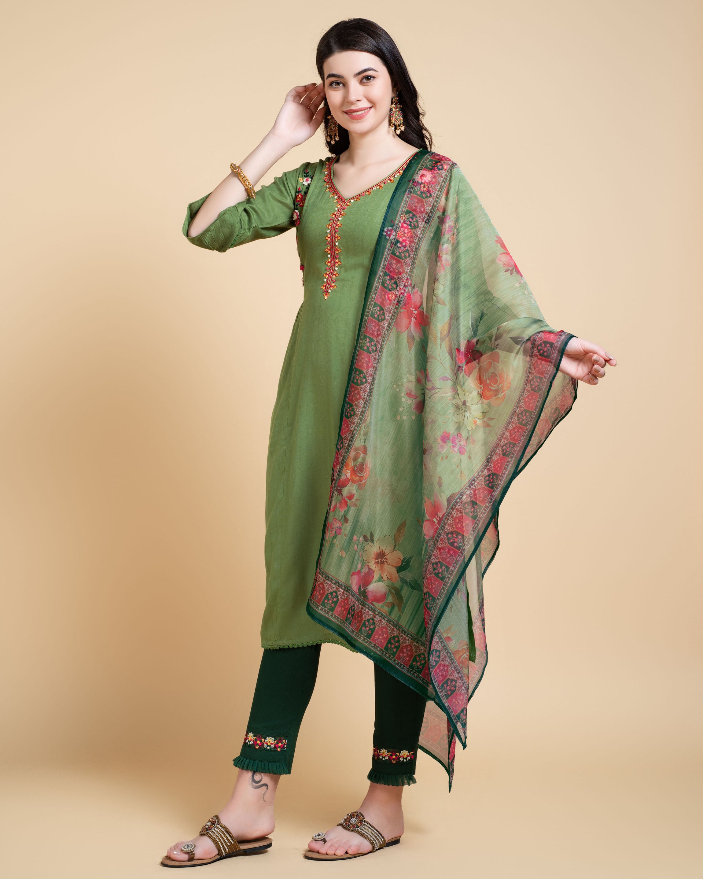 Her Couture Women's Green Rayon Floral Embroidered Kantha Work Kurta With Pant & Dupatta