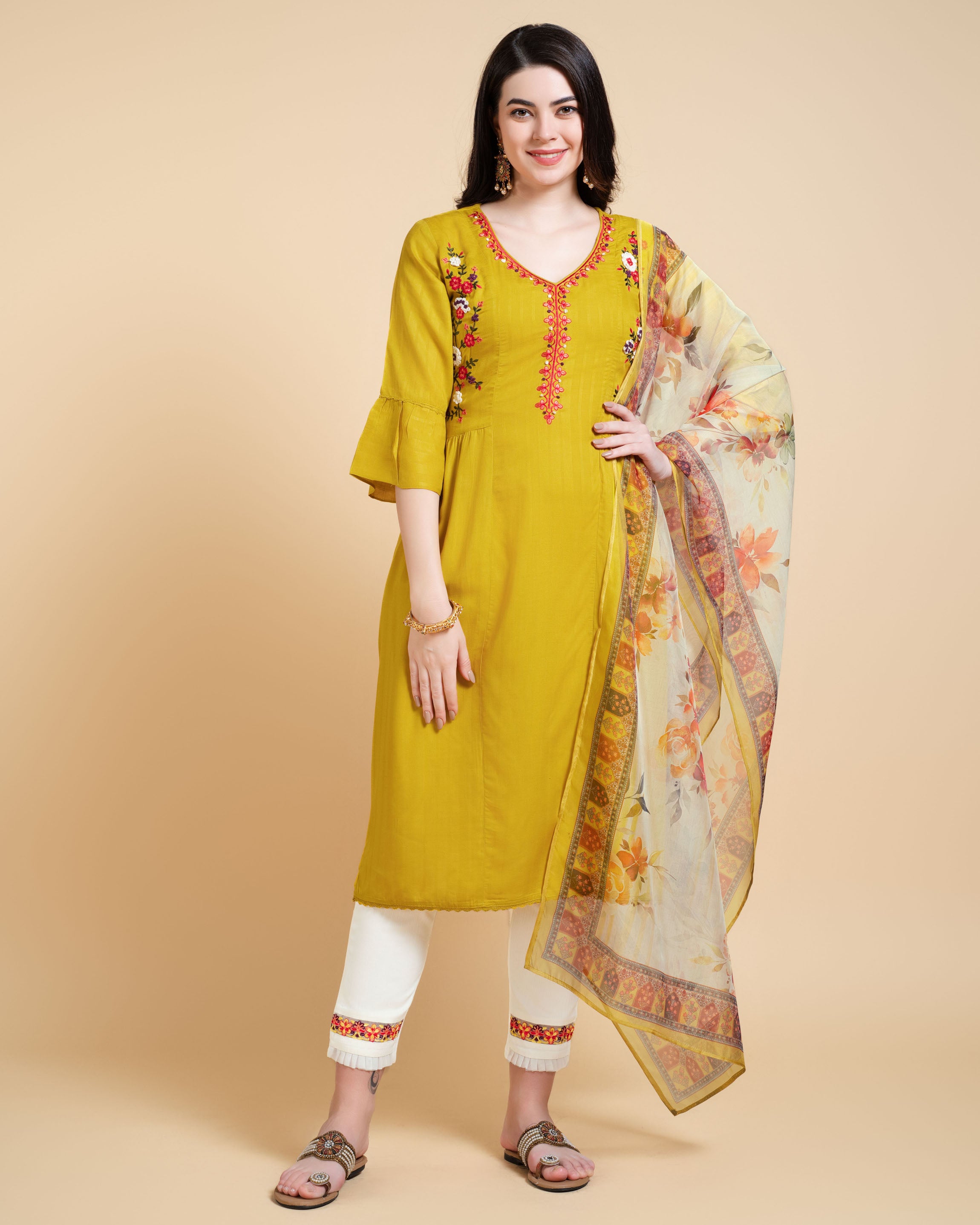 Mustard Rayon Straight Festive & Party Kurta Set by Her Couture