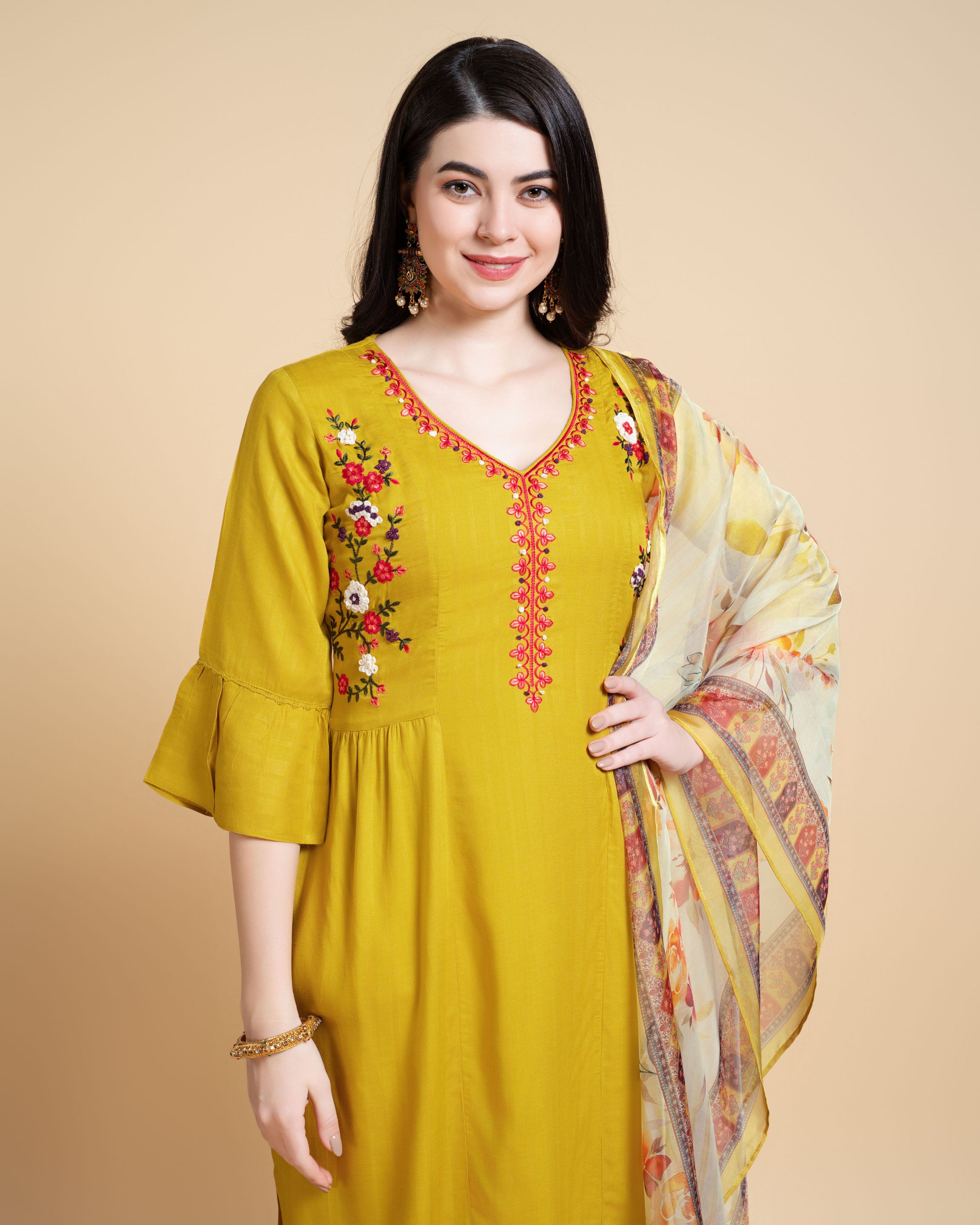 Her Couture Women's Mustard Rayon Floral Embroidered Kantha Work Kurta With Pant & Dupatta