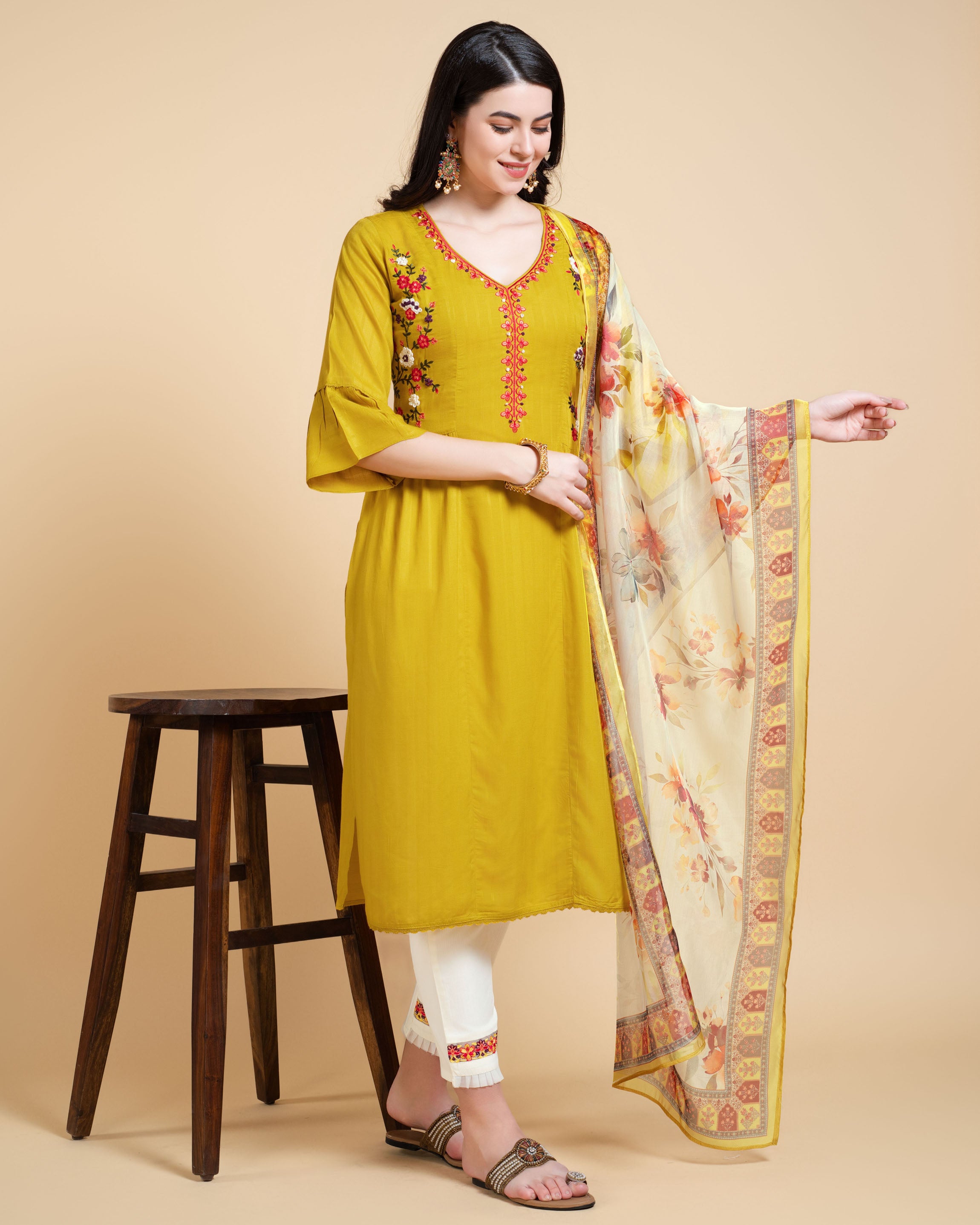 Her Couture Women's Mustard Rayon Floral Embroidered Kantha Work Kurta With Pant & Dupatta