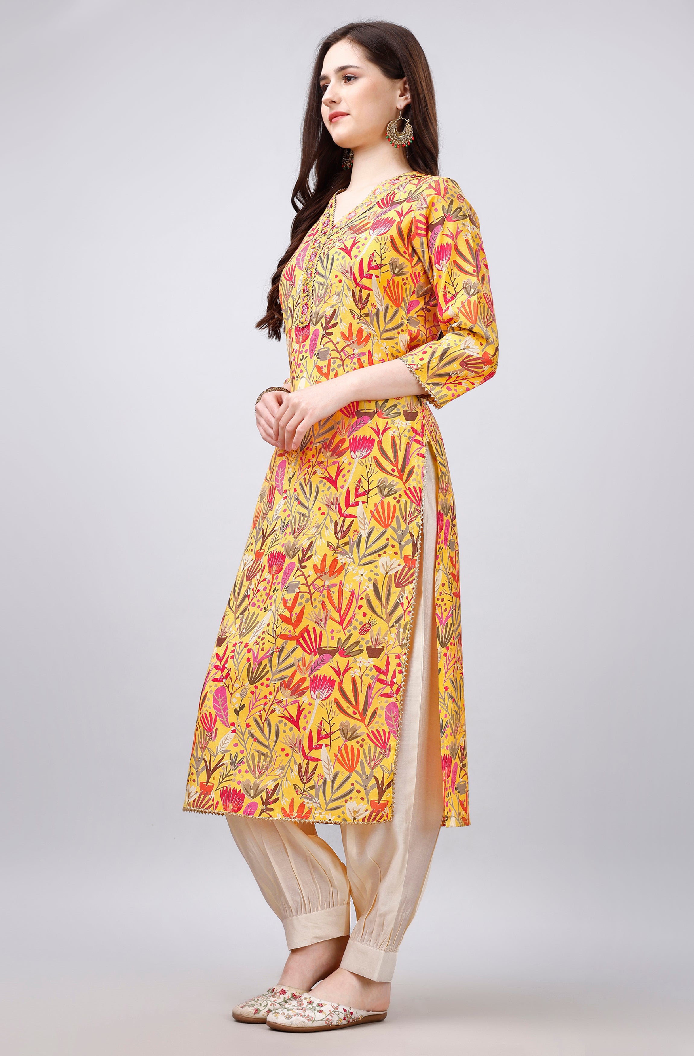Her Couture Women's Yellow Viscose Gota Patti Floral Print Kurta With Afghani Salwar
