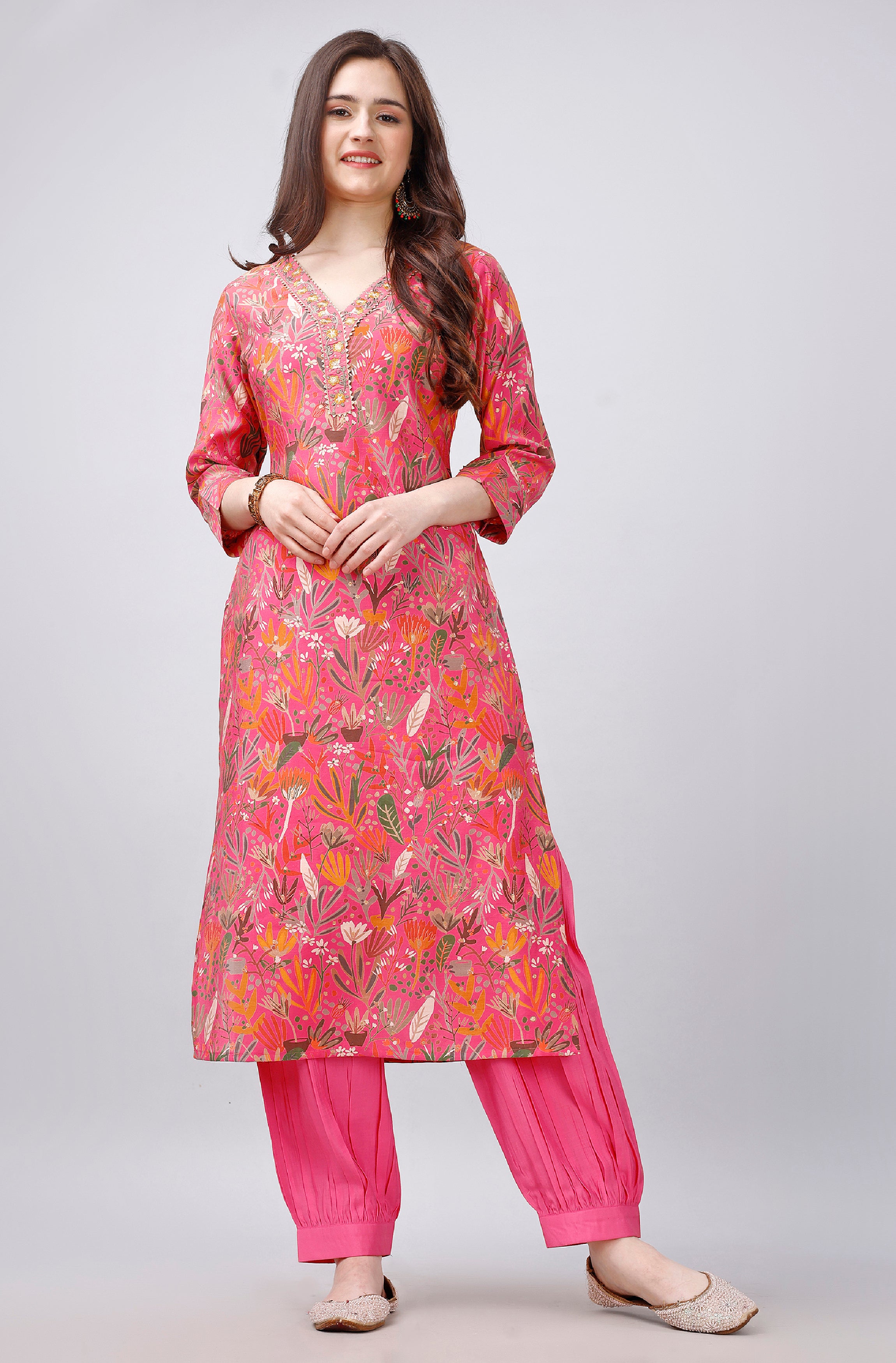 Pink Viscose Straight Casual Kurta Set by Her Couture