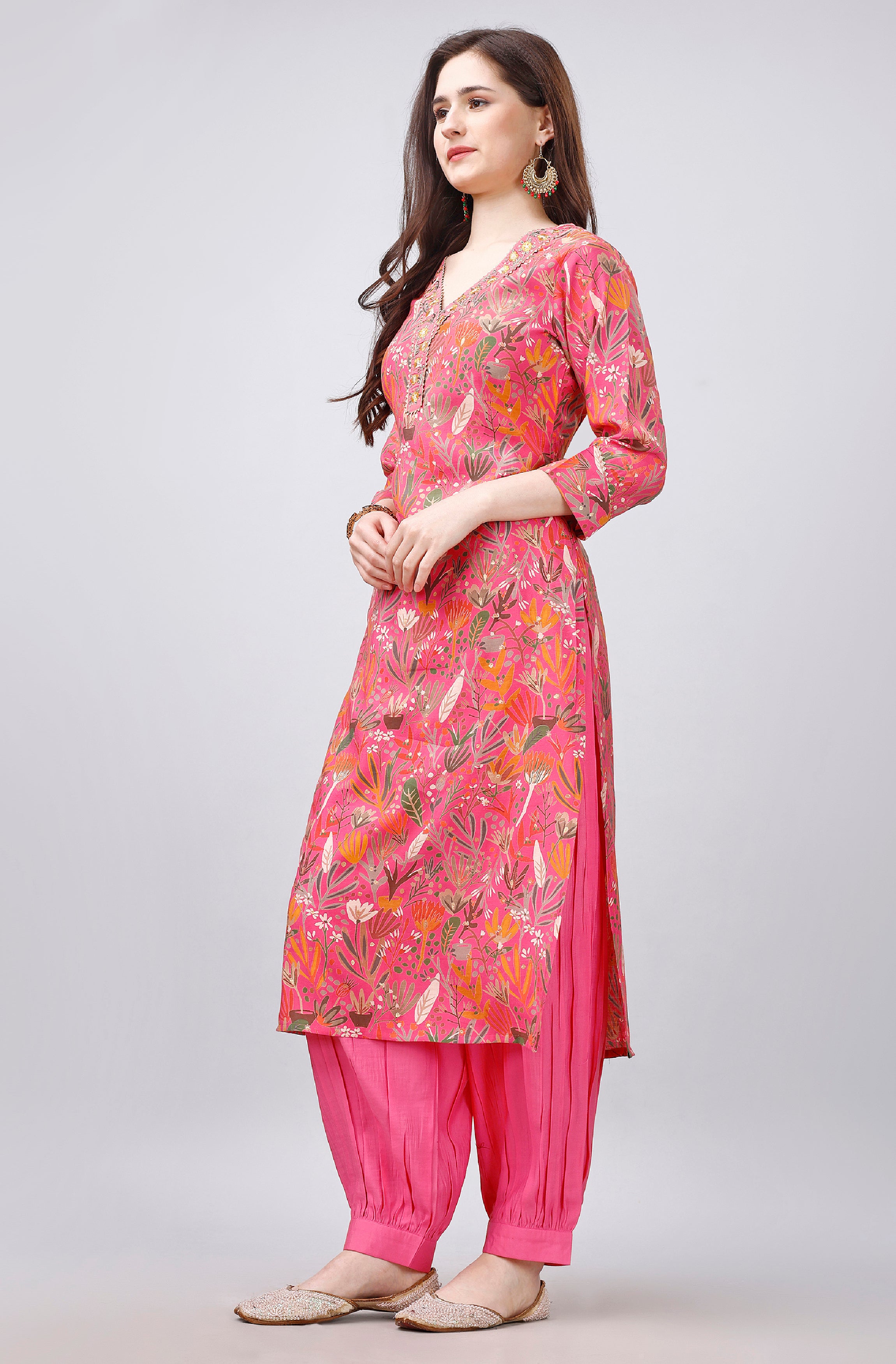 Her Couture Women's Pink Viscose Gota Patti Floral Print Kurta With Afghani Salwar