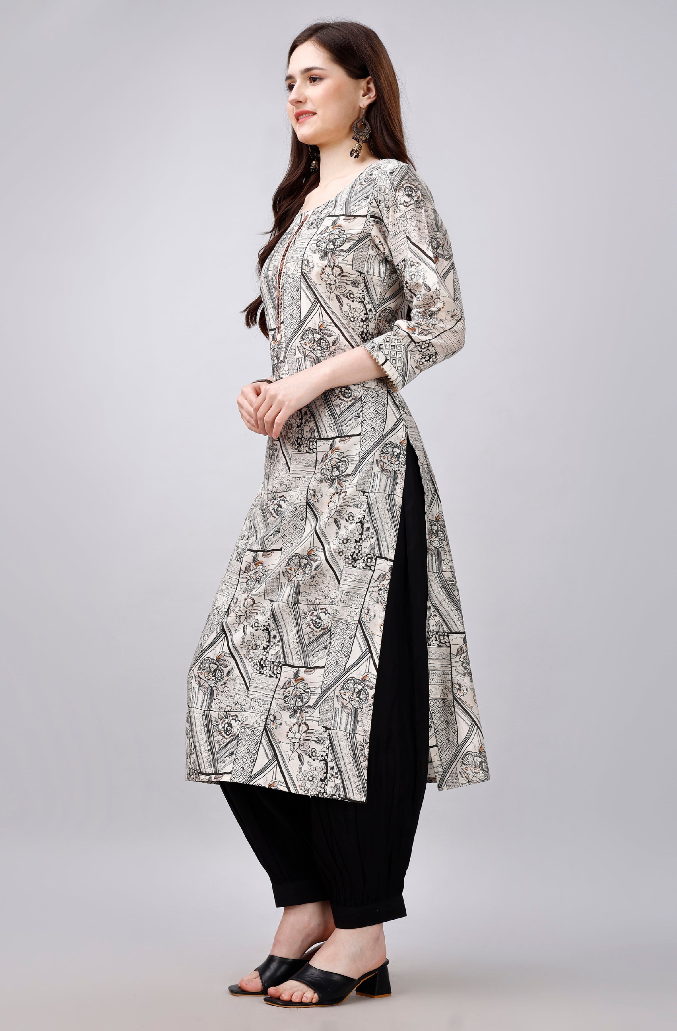 Her Couture Women's White Viscose Gota Patti Embroidered Abstract Print Kurta With Afghani Salwar