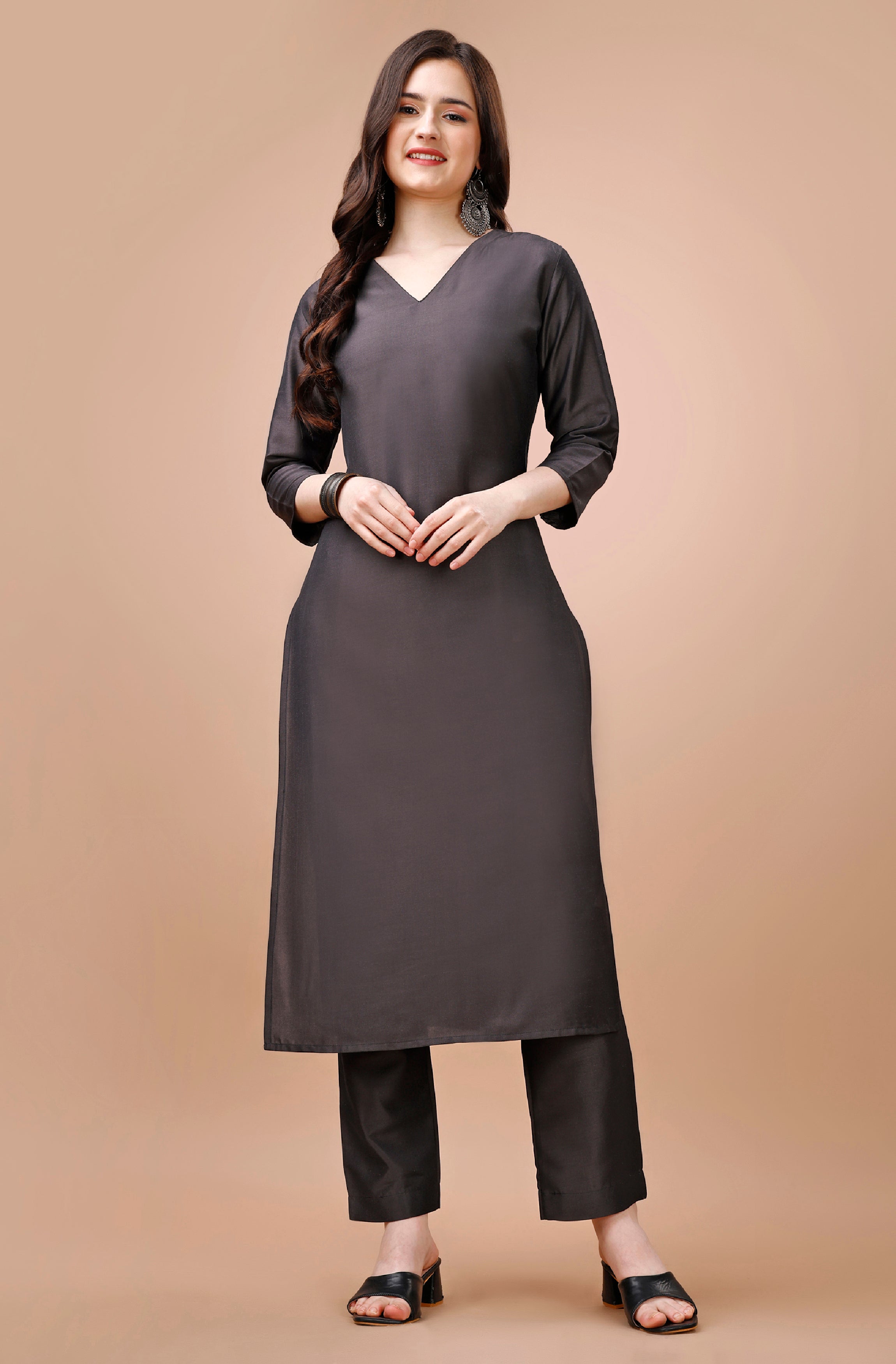 Taupe Chinon Silk Straight Casual Kurta Set by Her Couture