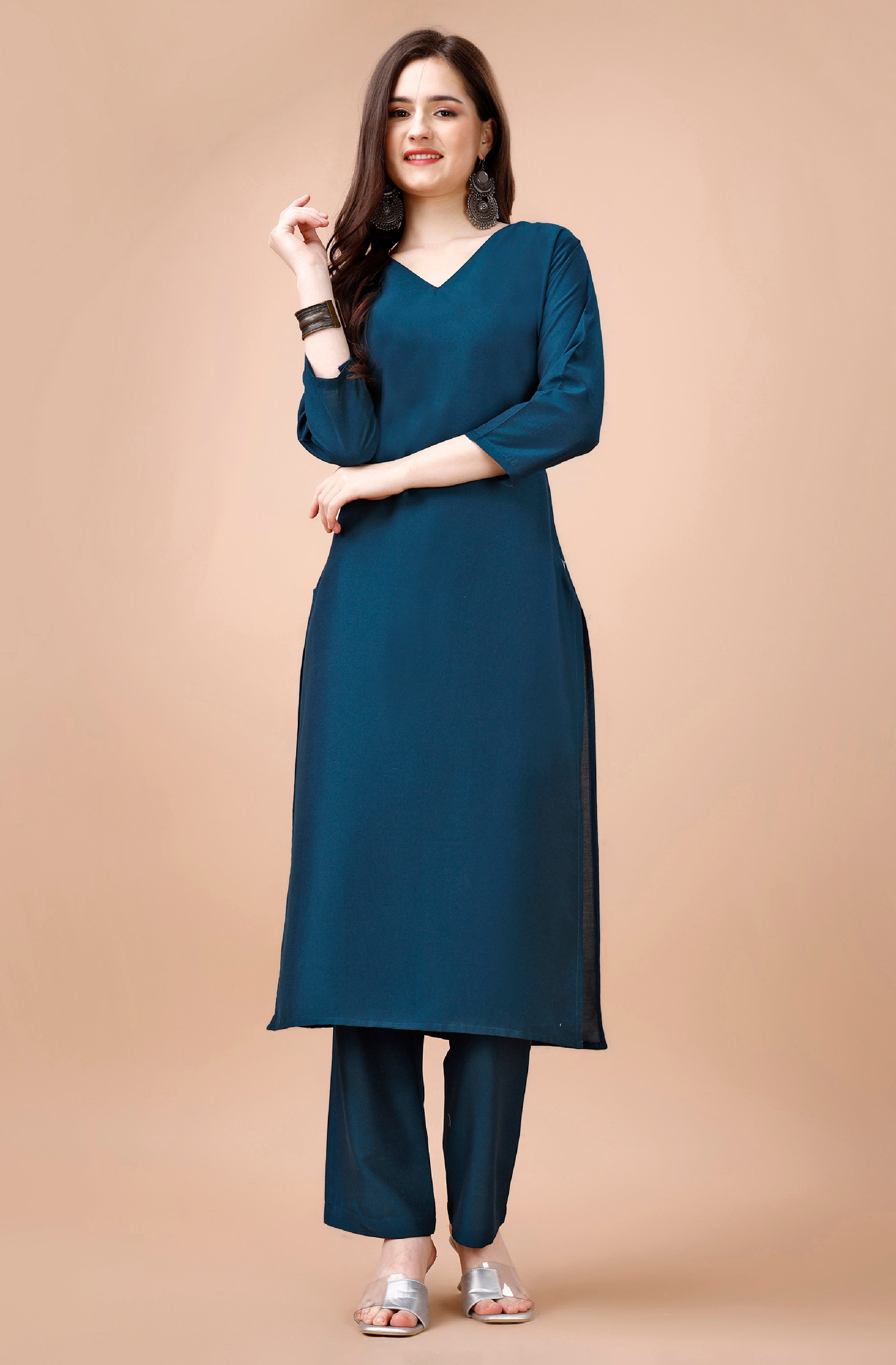 Teal Chinon Silk Straight Casual Kurta Set by Her Couture