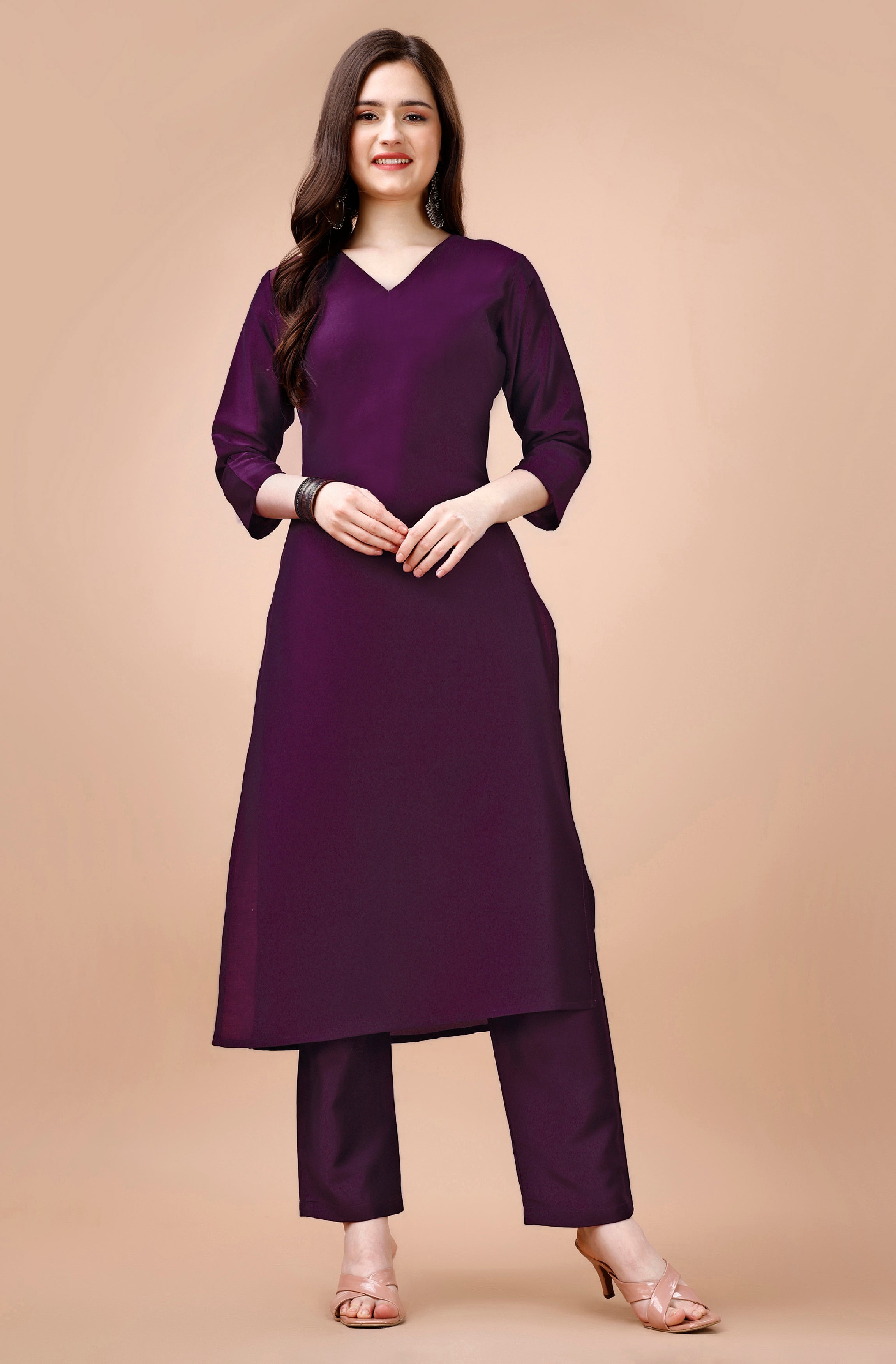 Purple Chinon Silk Straight Casual Kurta Set by Her Couture