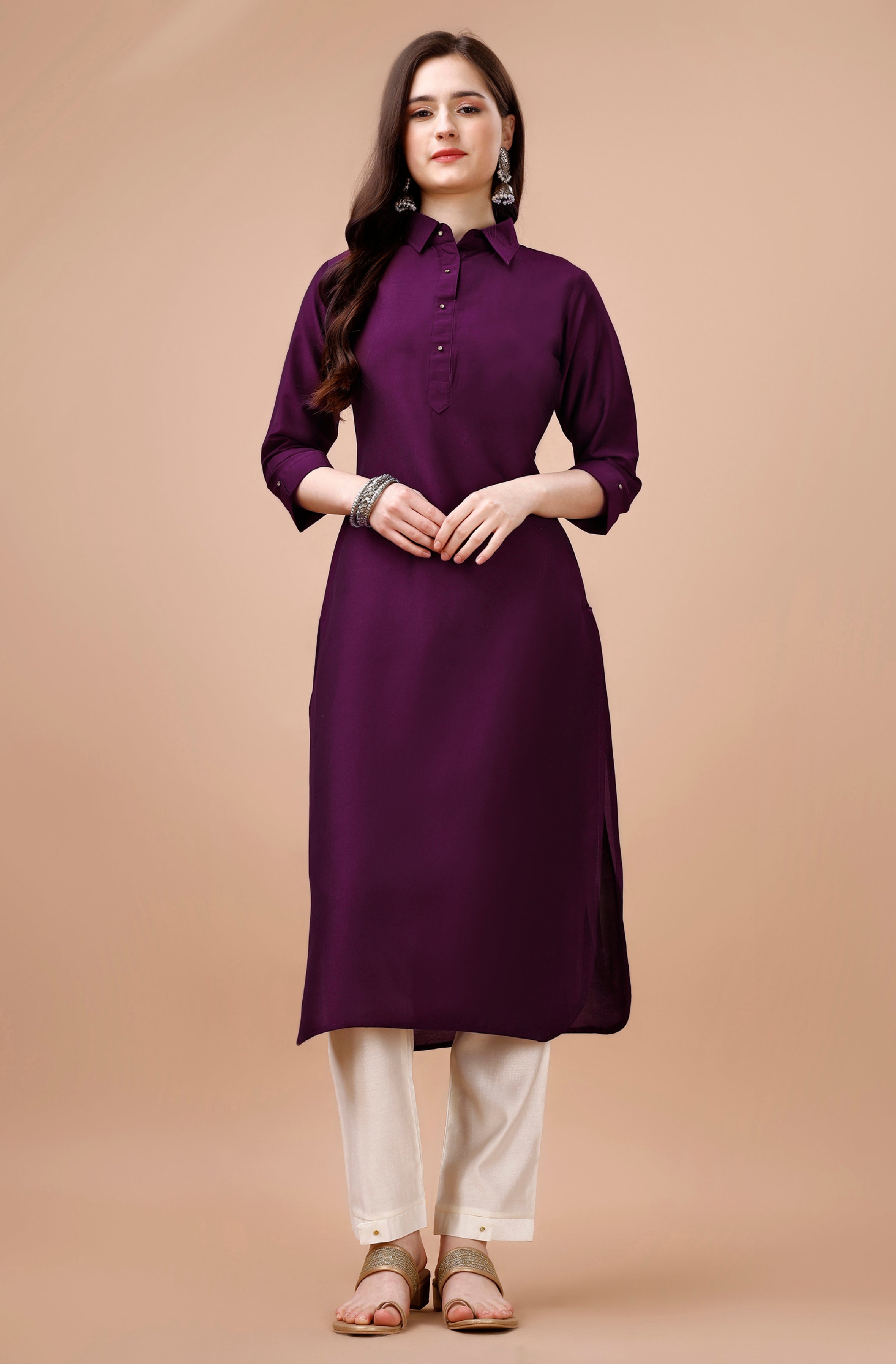Purple Chinon Silk Solid Casual Kurta by Her Couture