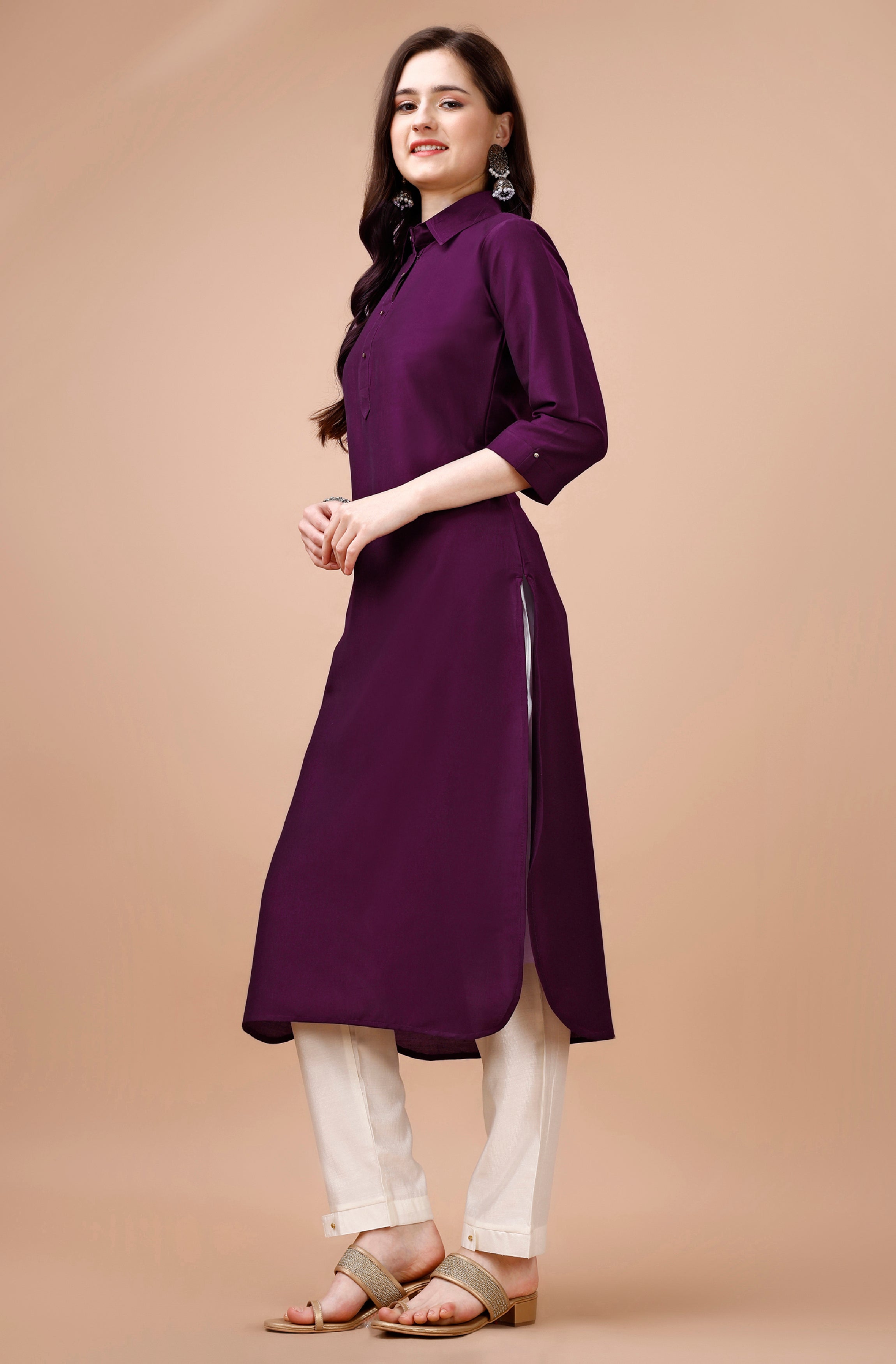 Her Couture Women's Purple Chinon Silk Solid Calf Length Straight Pathani Kurta