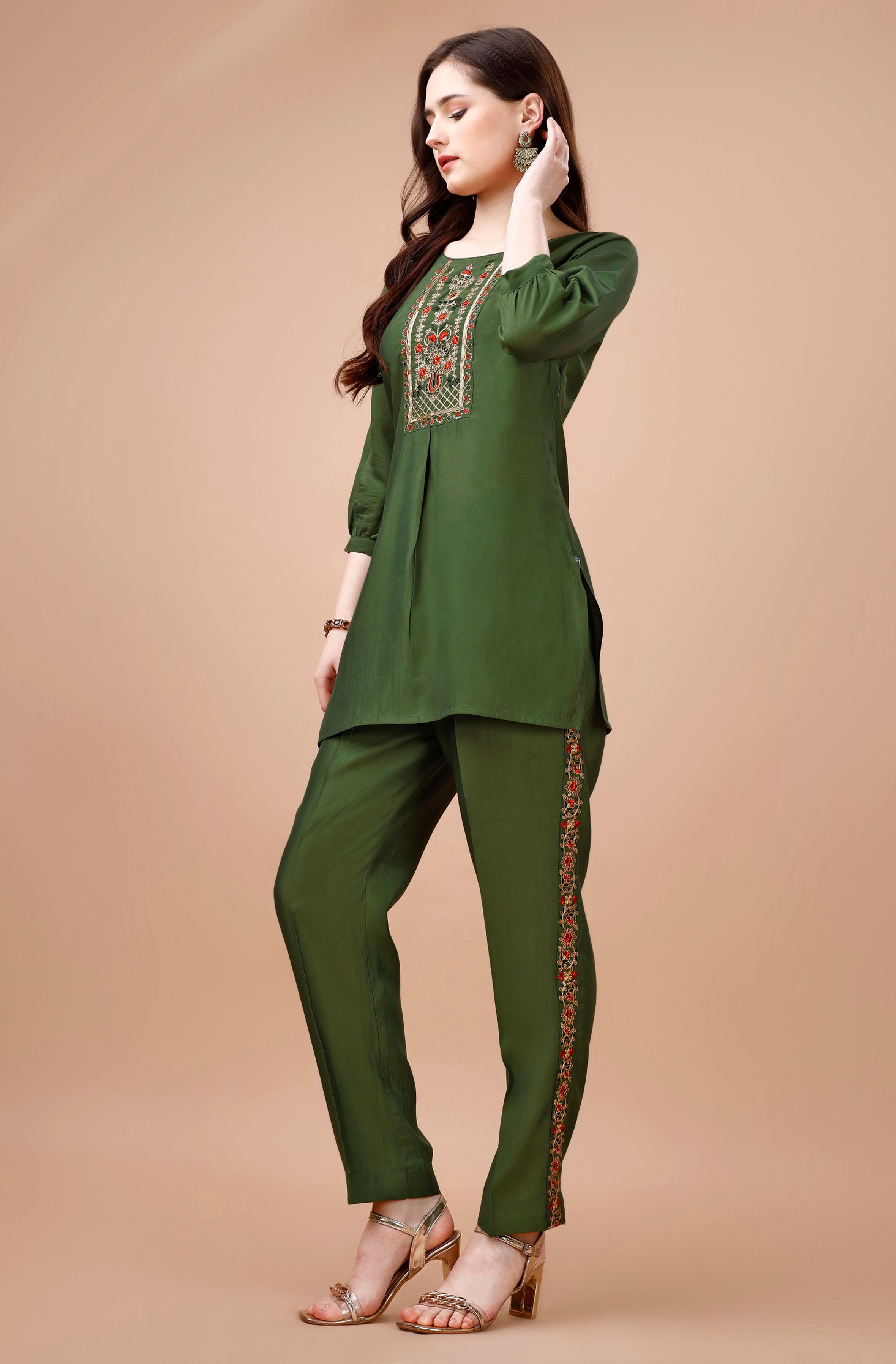Her Couture Women's Olive Green Viscose Blend Floral Embroidered Festive & Party Co-ord Set