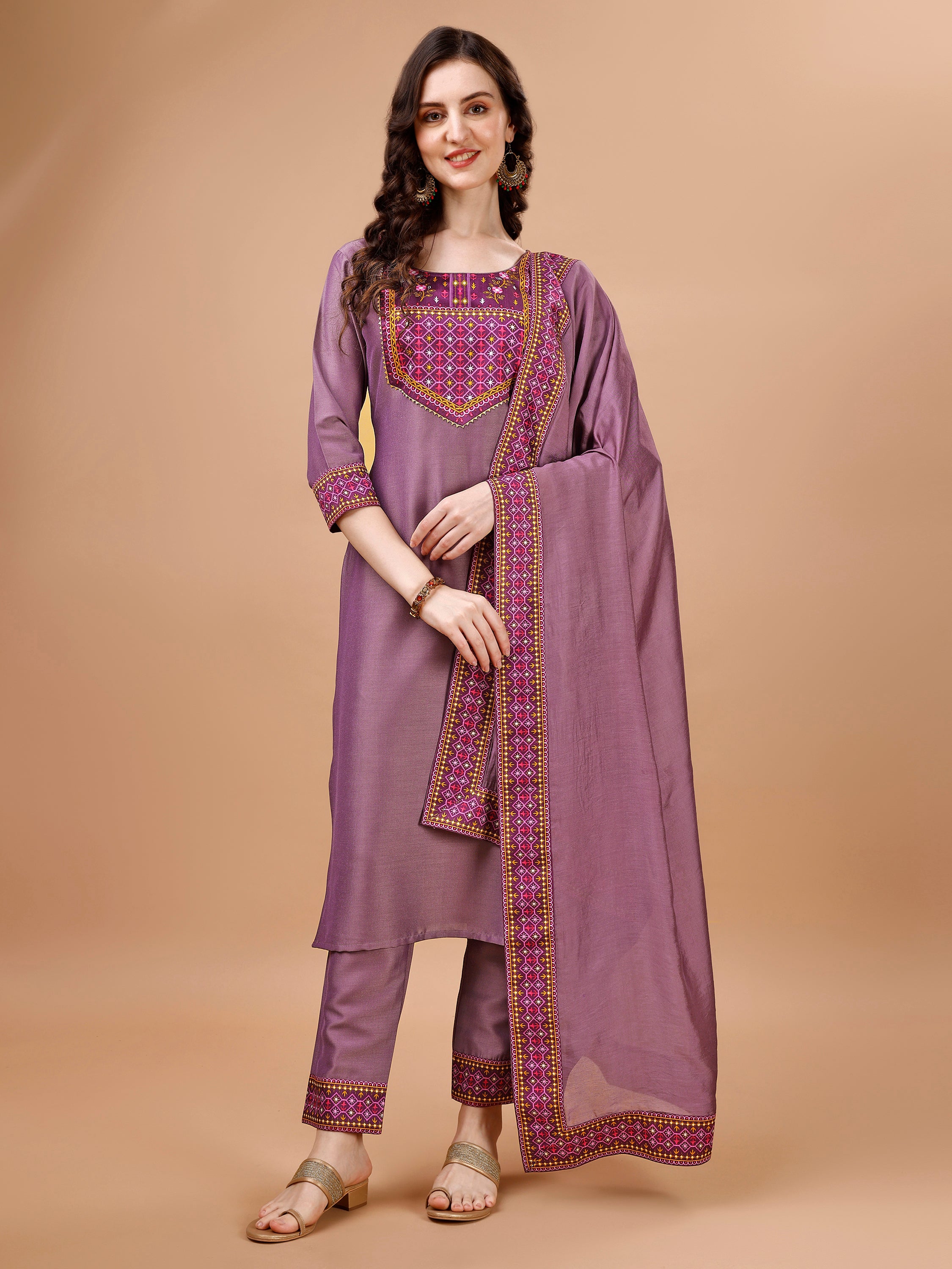 Mauve Chinon Silk Straight Party Kurta Set by Her Couture