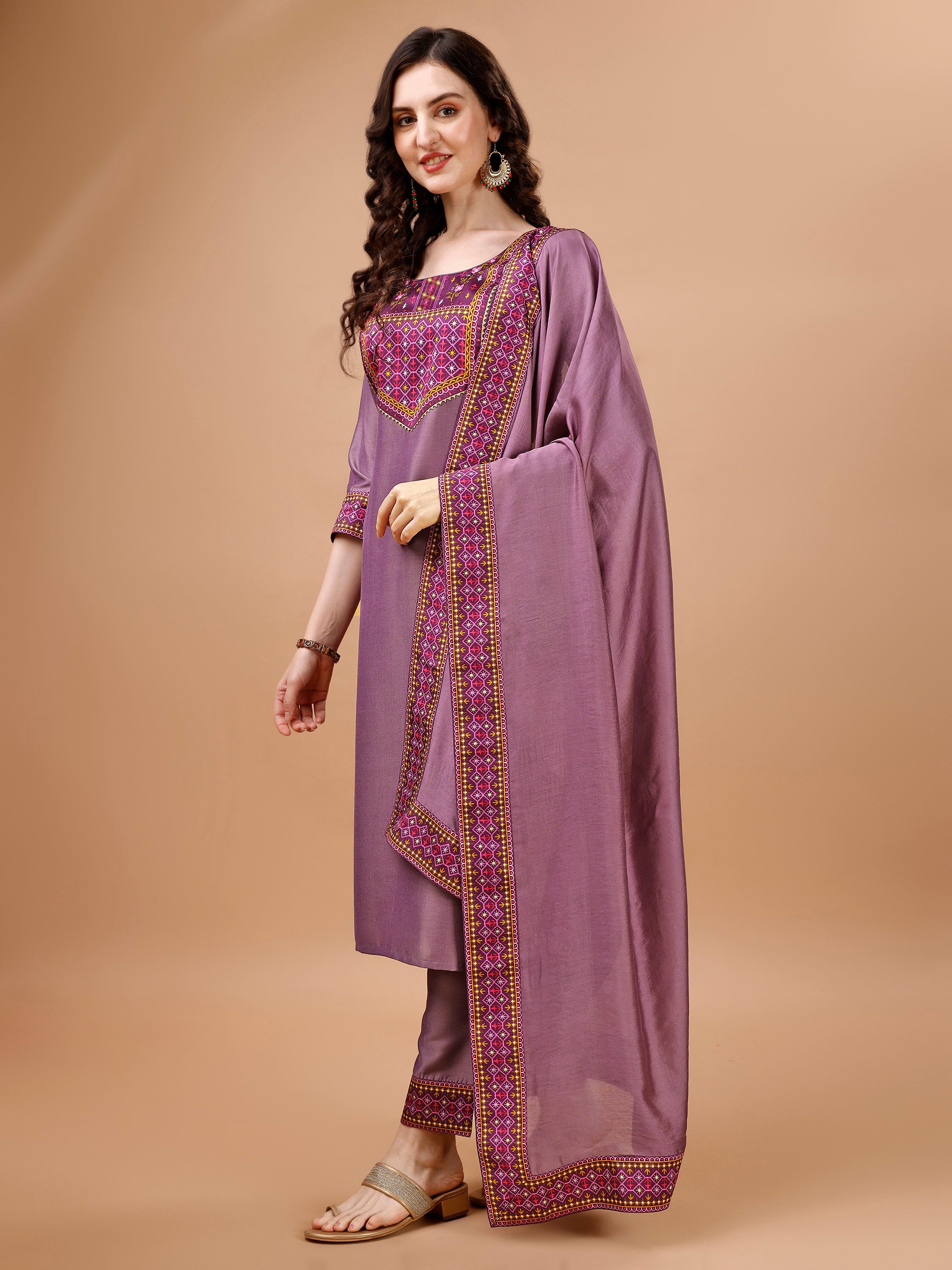 Her Couture Women's Mauve Chinon Silk Gota Patti Abstract Print Kurta With Pant & Dupatta
