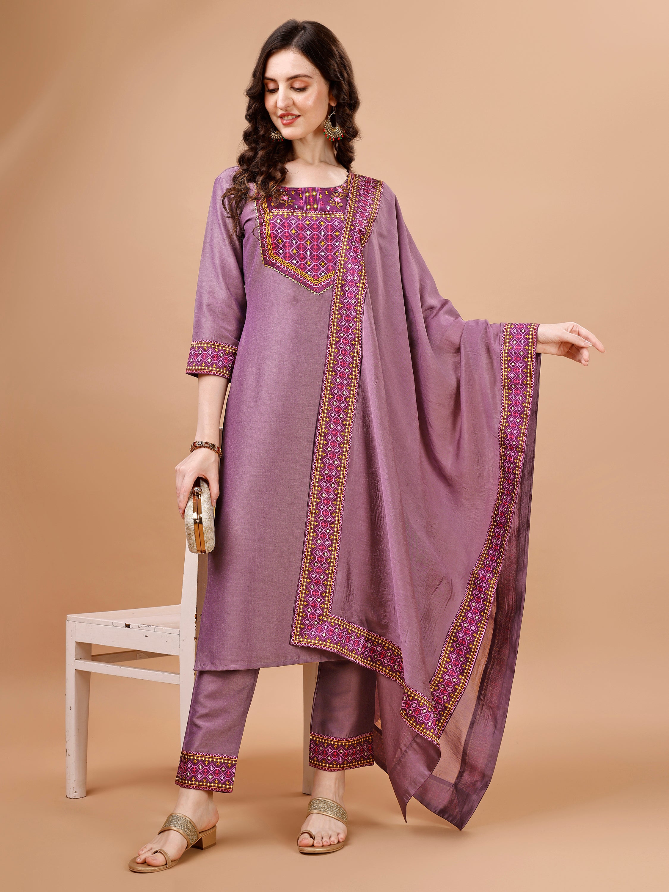Her Couture Women's Mauve Chinon Silk Gota Patti Abstract Print Kurta With Pant & Dupatta