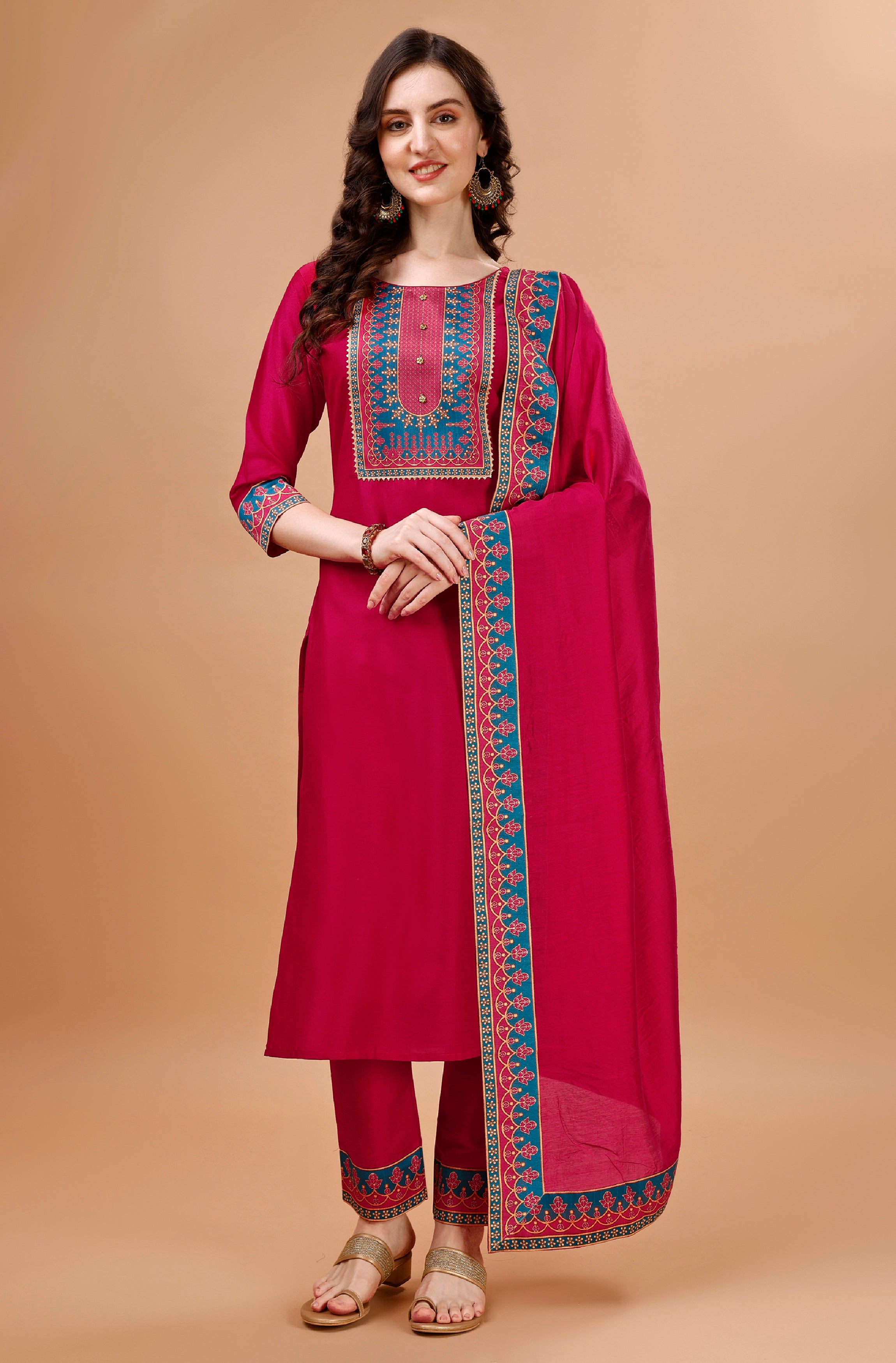Fuchsia Pink Chinon Silk Straight Party Kurta Set by Her Couture