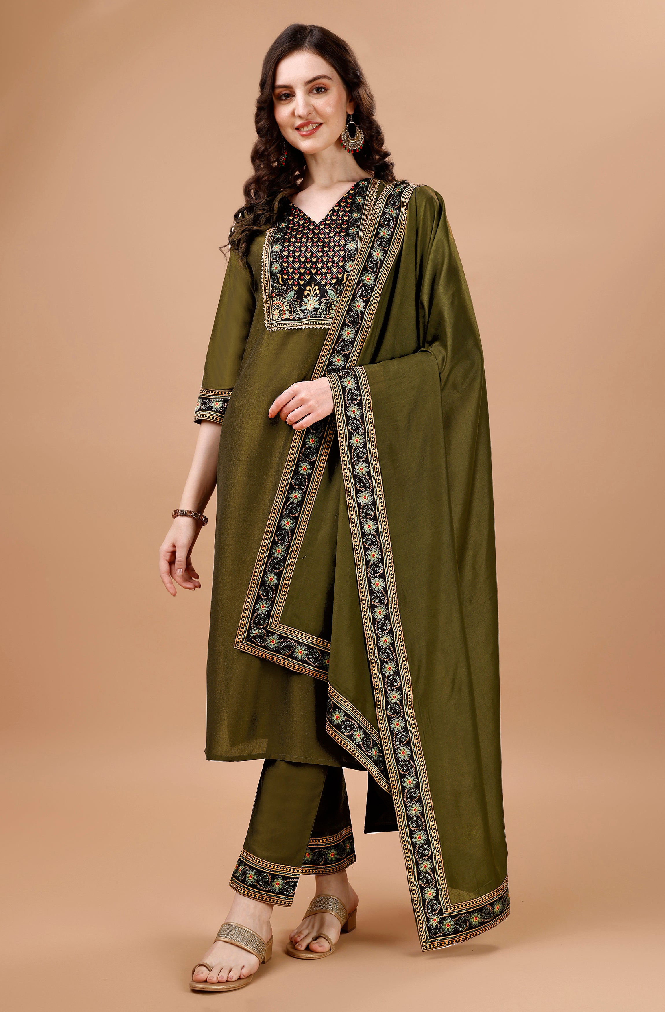 Olive Green Chinon Silk Straight Party Kurta Set by Her Couture