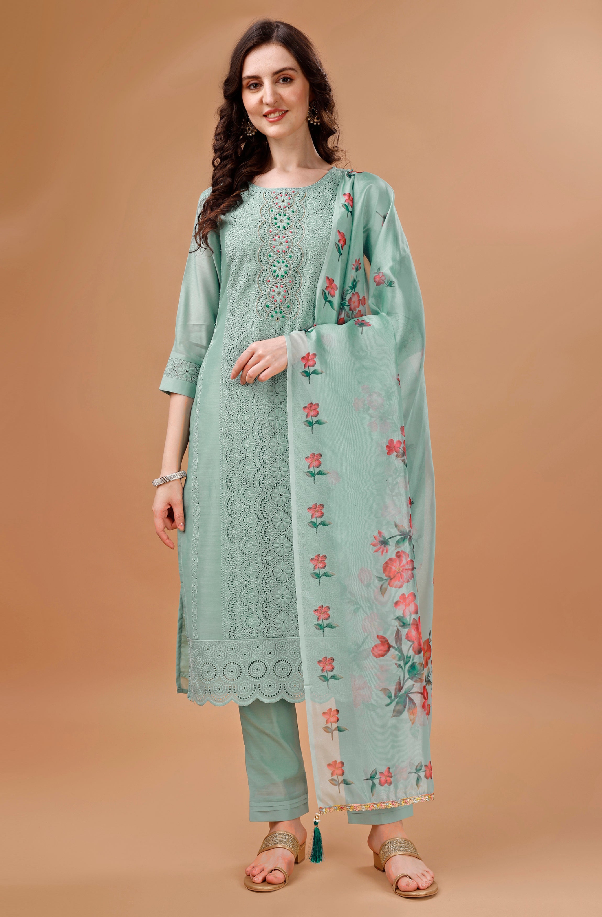Sea Green Chanderi Silk Straight Festive & Party Kurta Set by Her Couture