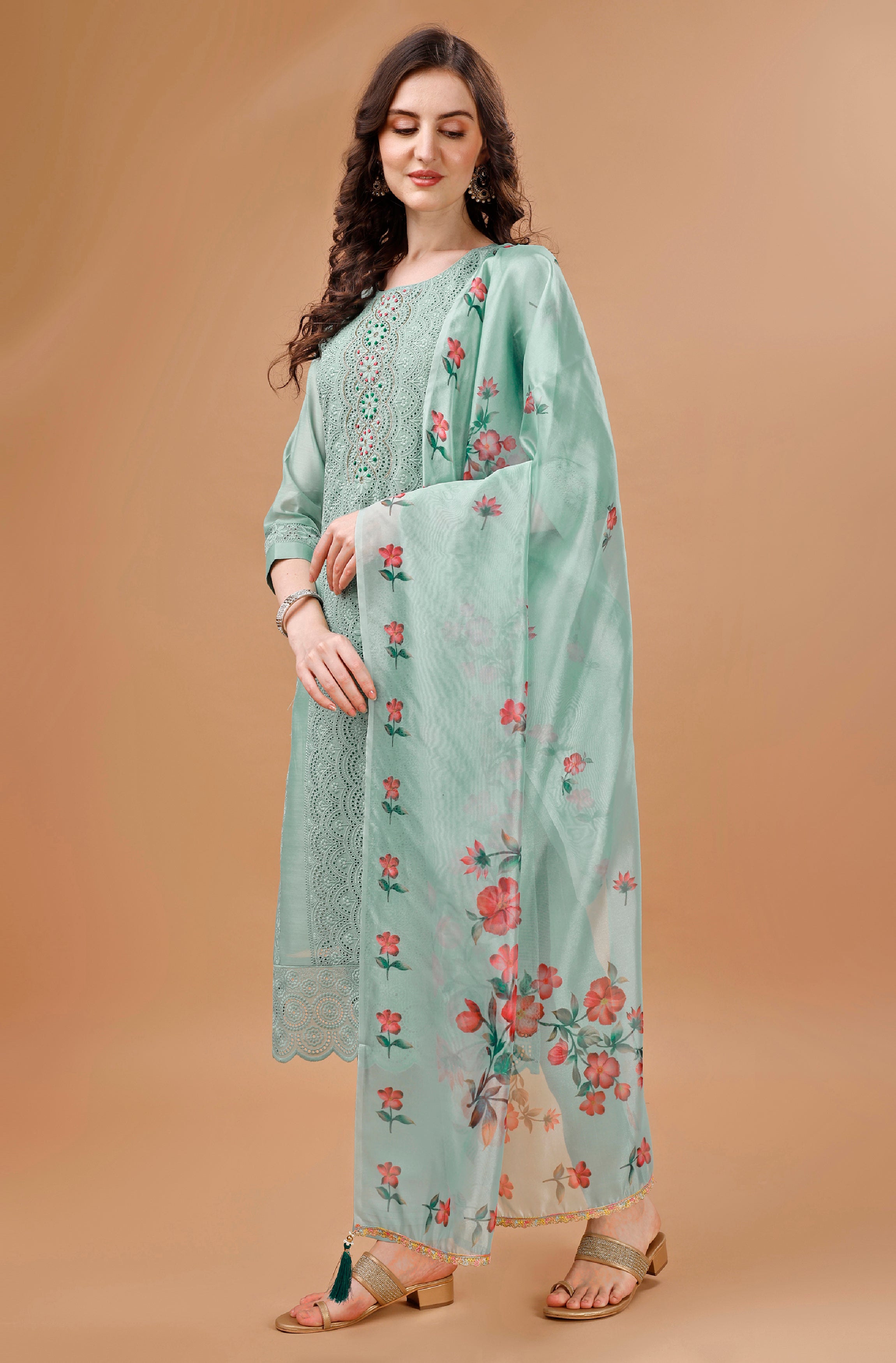 Her Couture Women's Sea Green Chanderi Silk Bored Schiffli Embroidered Chikankari Kurta With Pant & Dupatta