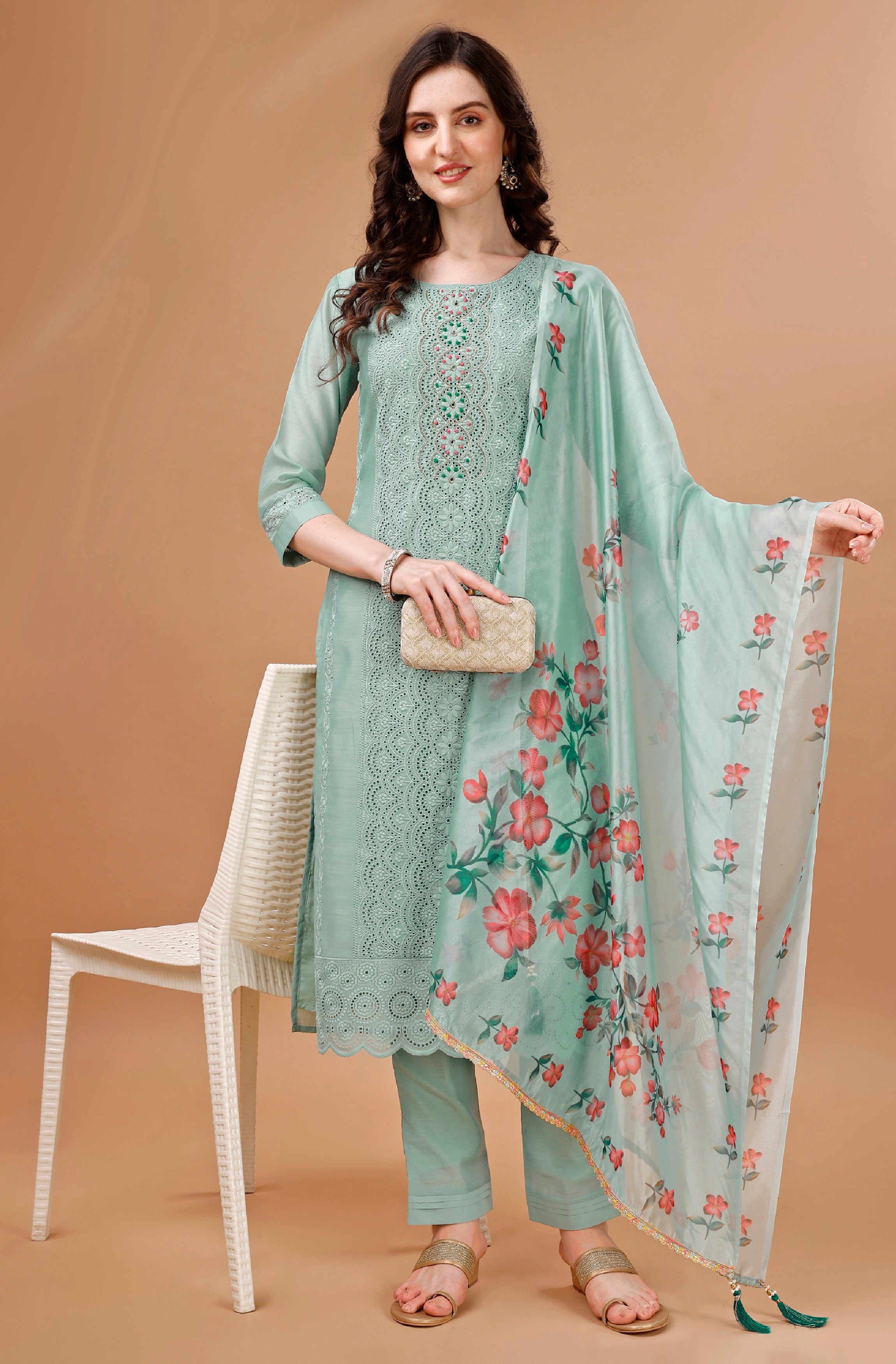 Her Couture Women's Sea Green Chanderi Silk Bored Schiffli Embroidered Chikankari Kurta With Pant & Dupatta