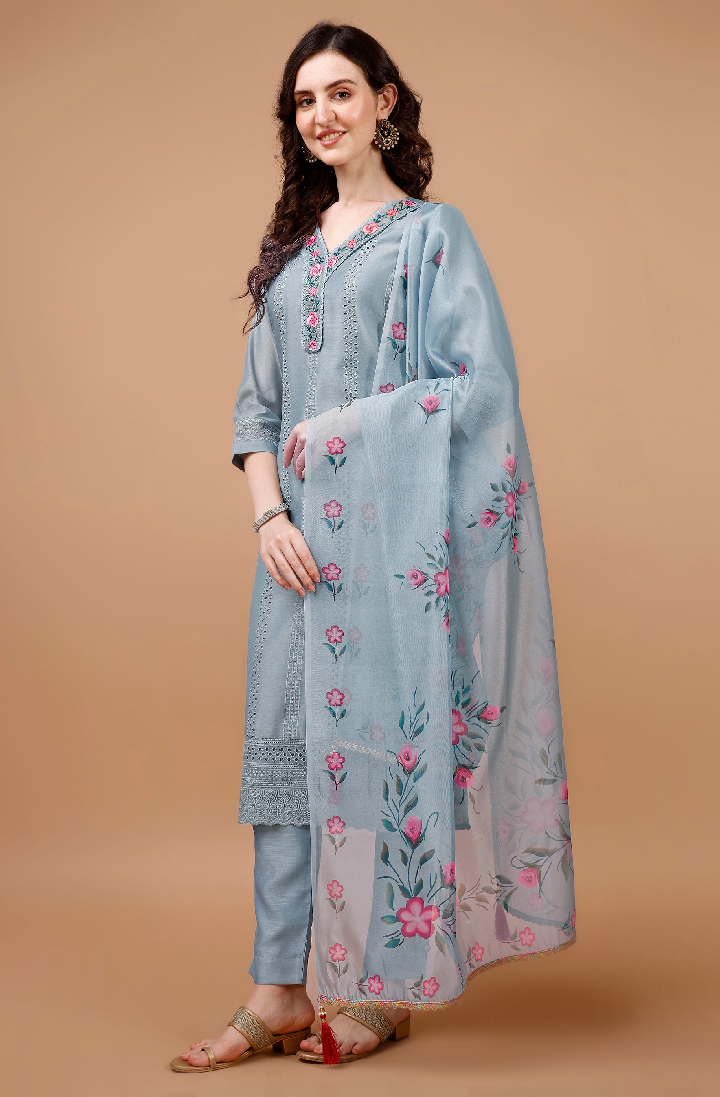 Her Couture Women's Sky Blue Chanderi Silk Bored Schiffli Embroidered Chikankari Kurta With Pant & Dupatta