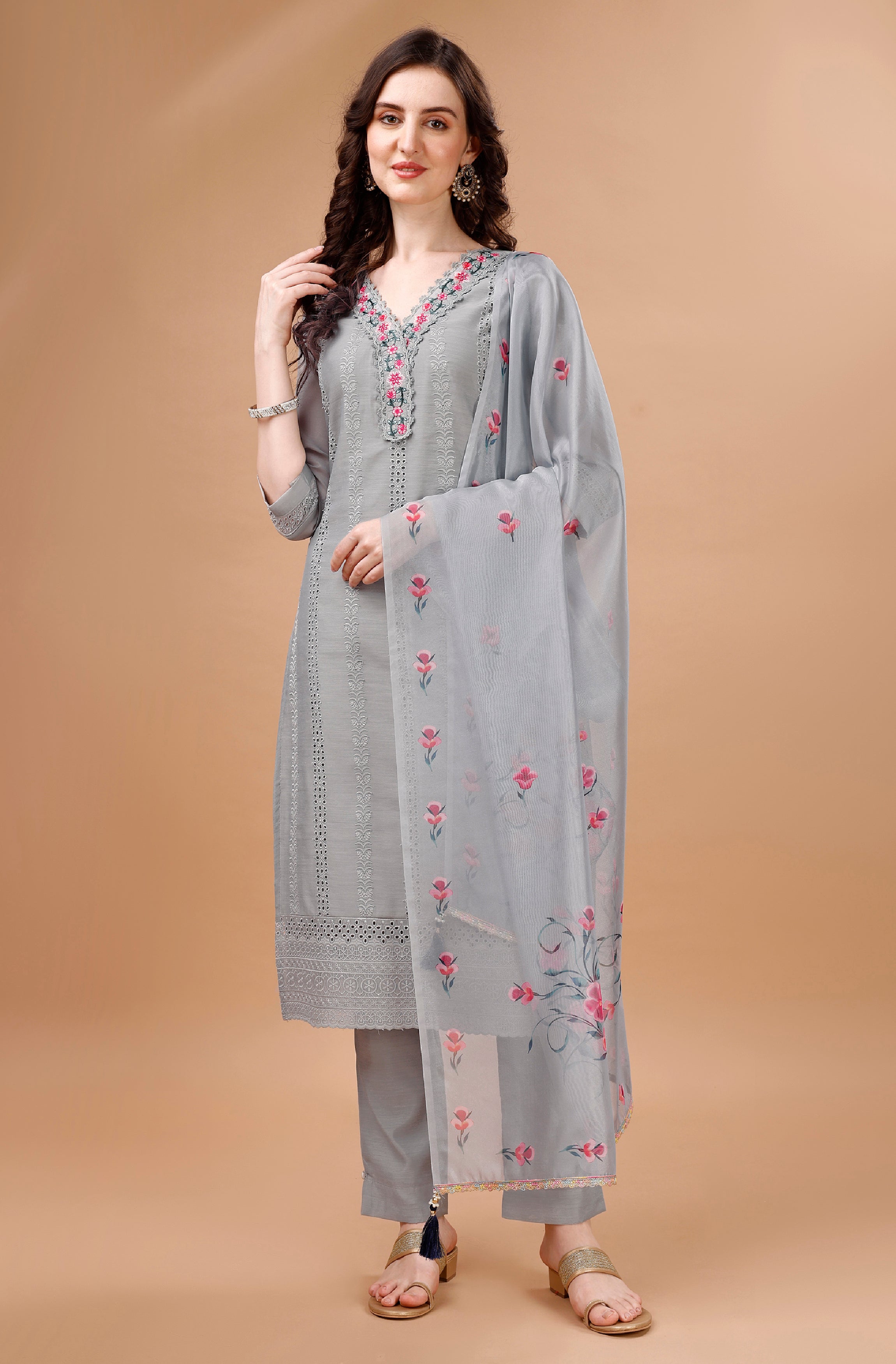 Grey Chanderi Silk Straight Festive & Party Kurta Set by Her Couture