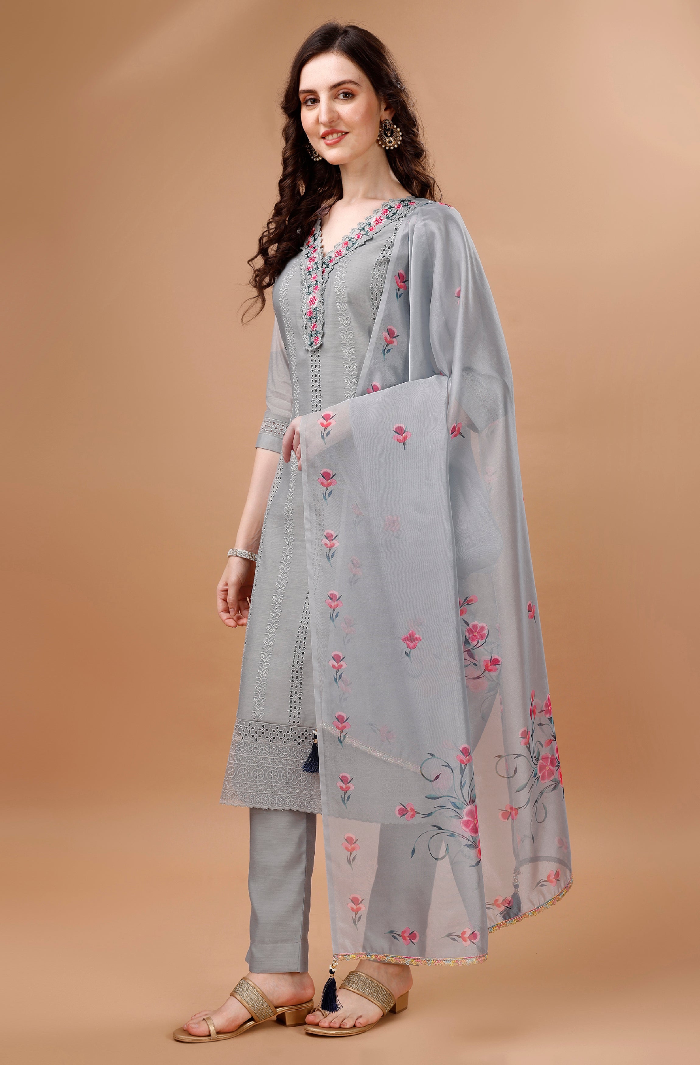 Her Couture Women's Grey Chanderi Silk Bored Schiffli Embroidered Chikankari Kurta With Pant & Dupatta