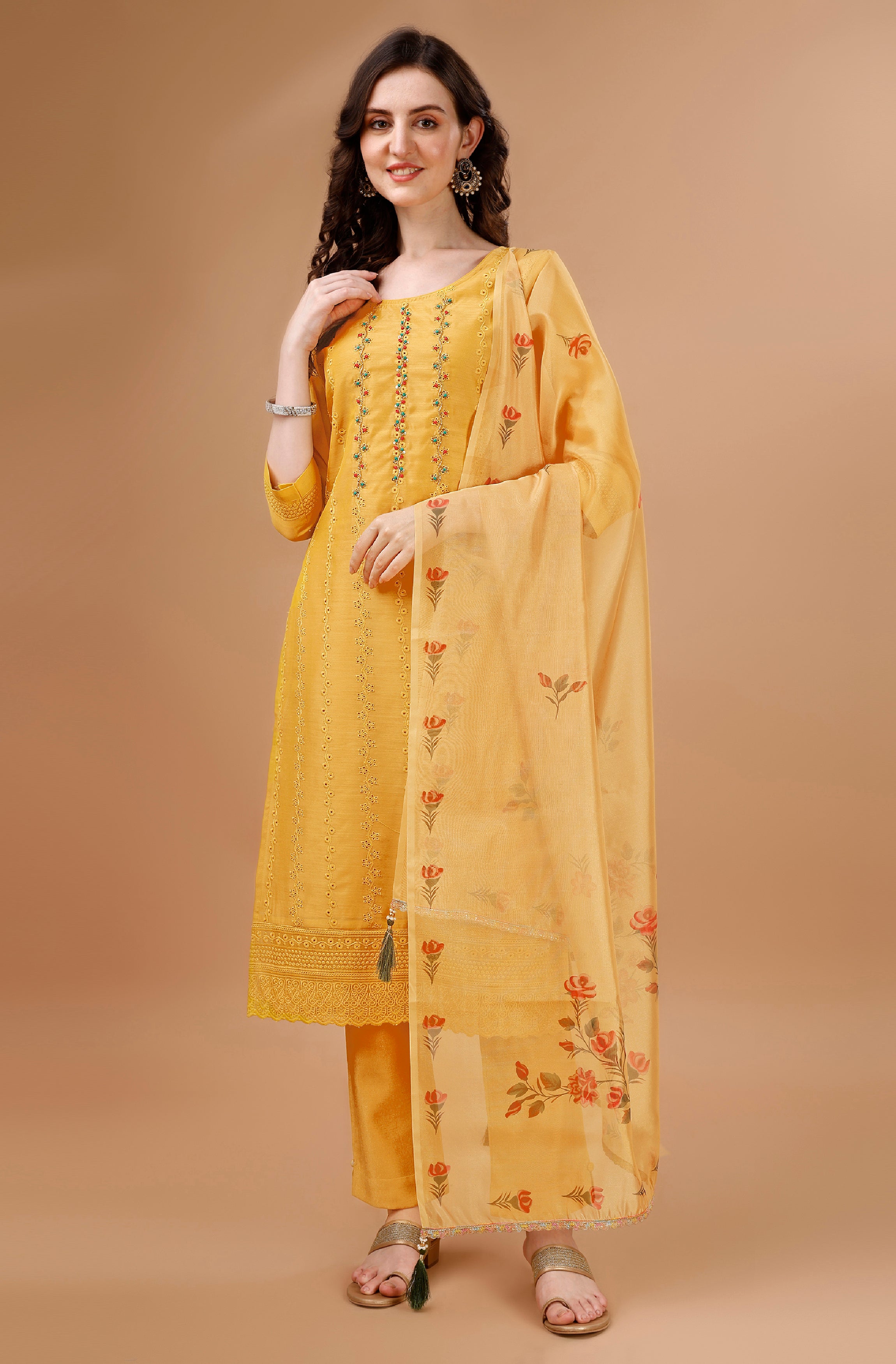 Gold Chanderi Silk Straight Festive & Party Kurta Set by Her Couture