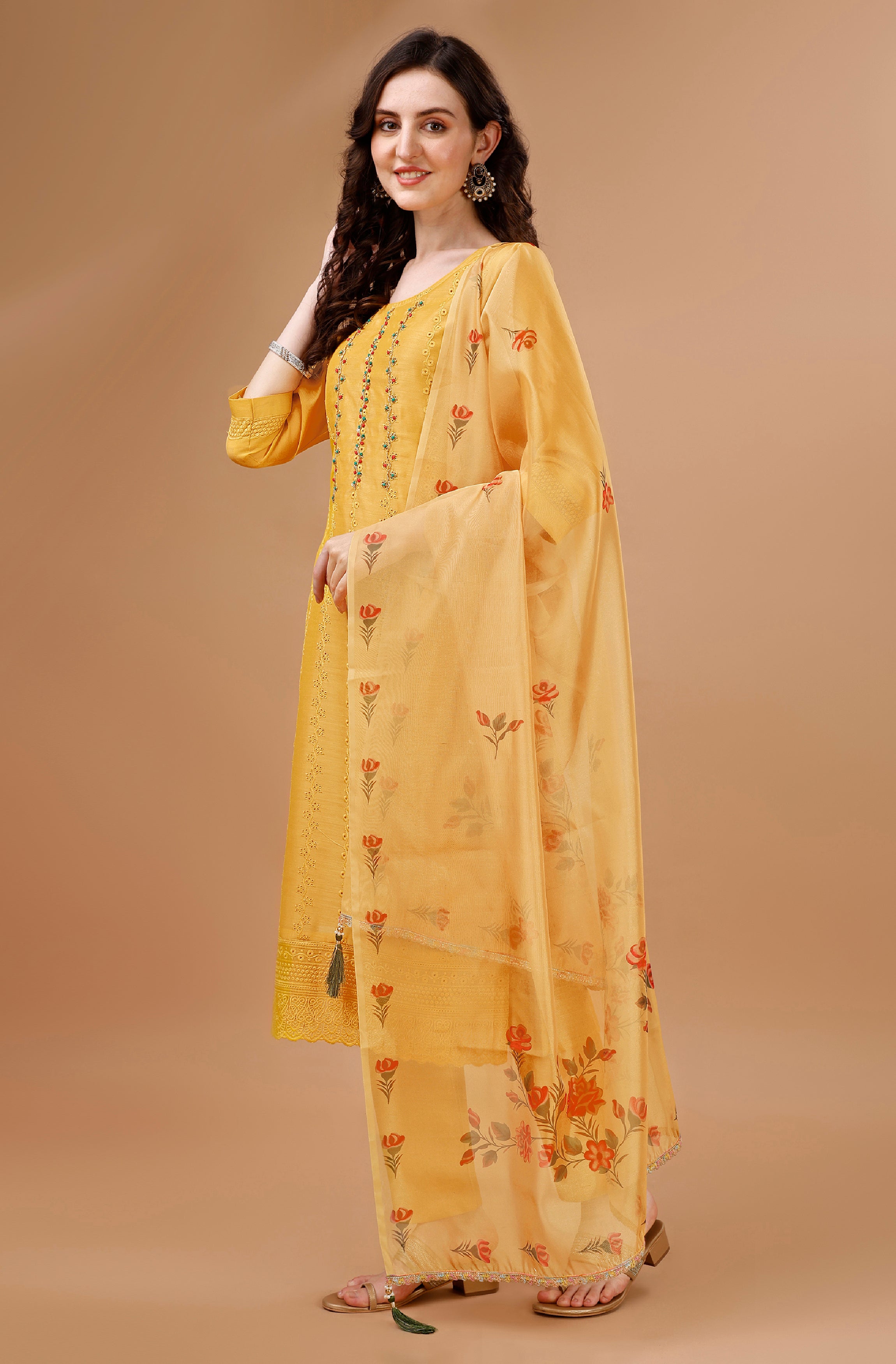 Her Couture Women's Gold Chanderi Silk Bored Schiffli Embroidered Chikankari Kurta With Pant & Dupatta