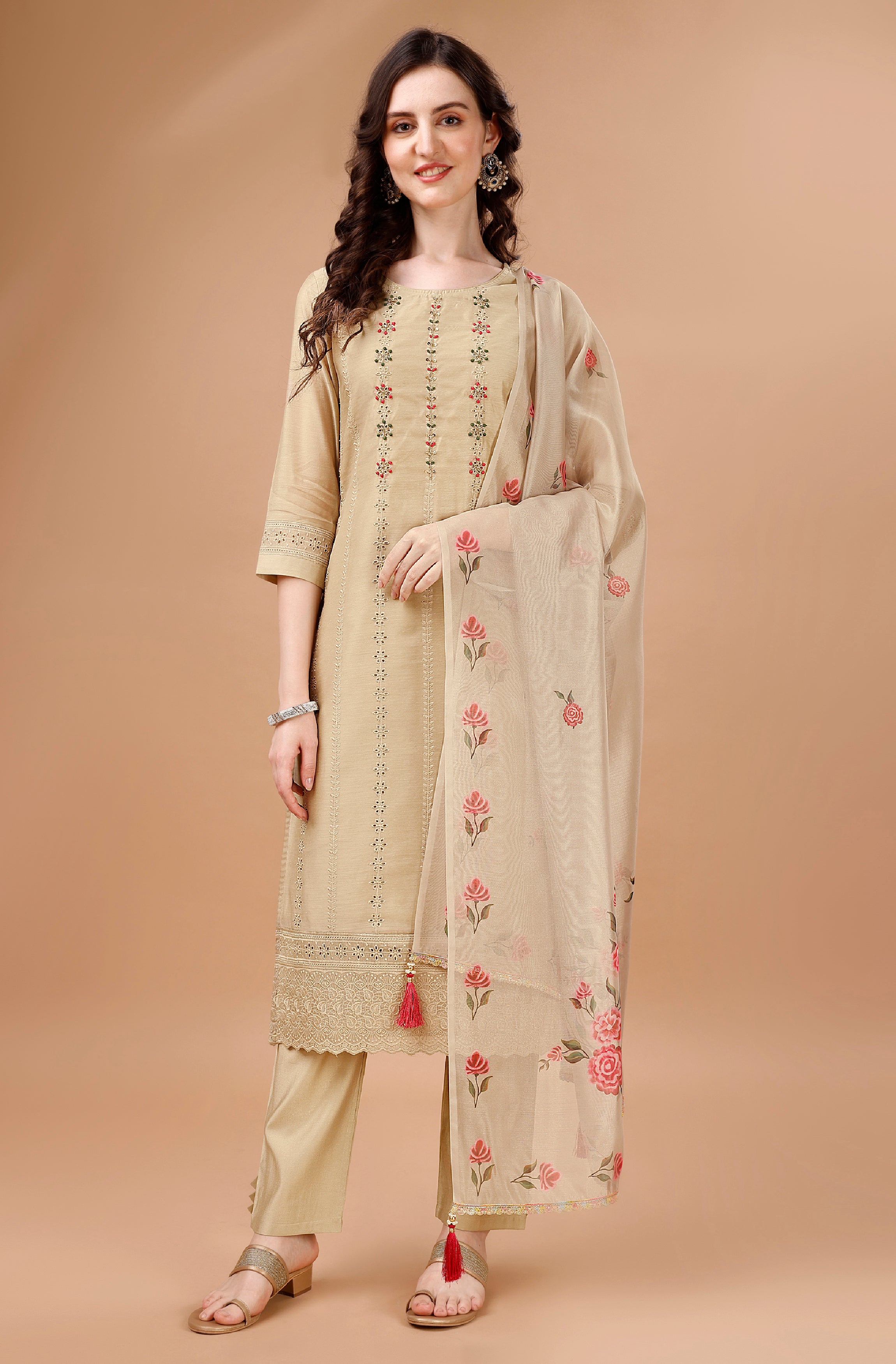 Bronze Chanderi Silk Straight Festive & Party Kurta Set by Her Couture