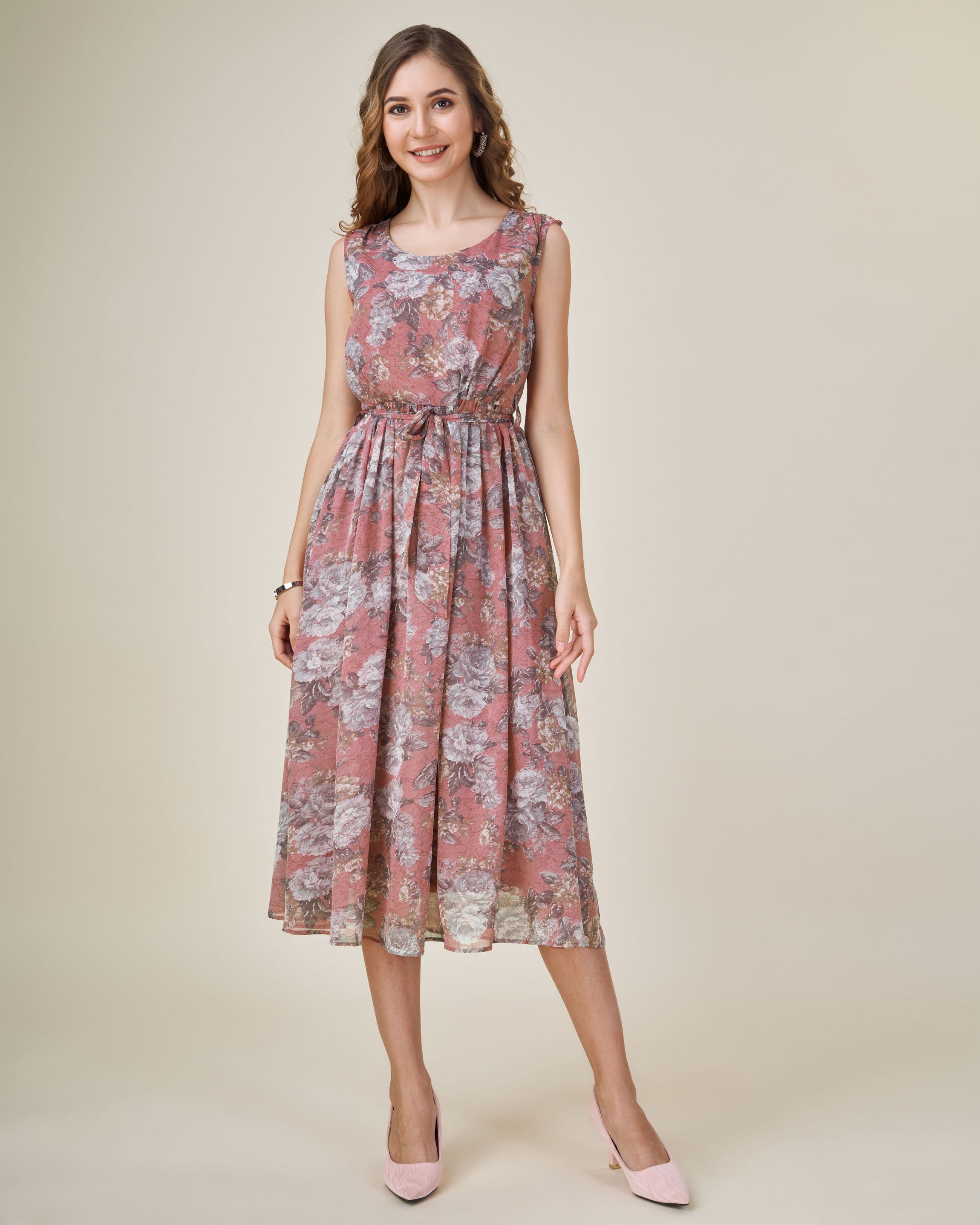 Brown Georgette Casual Midi Dress by Her Couture