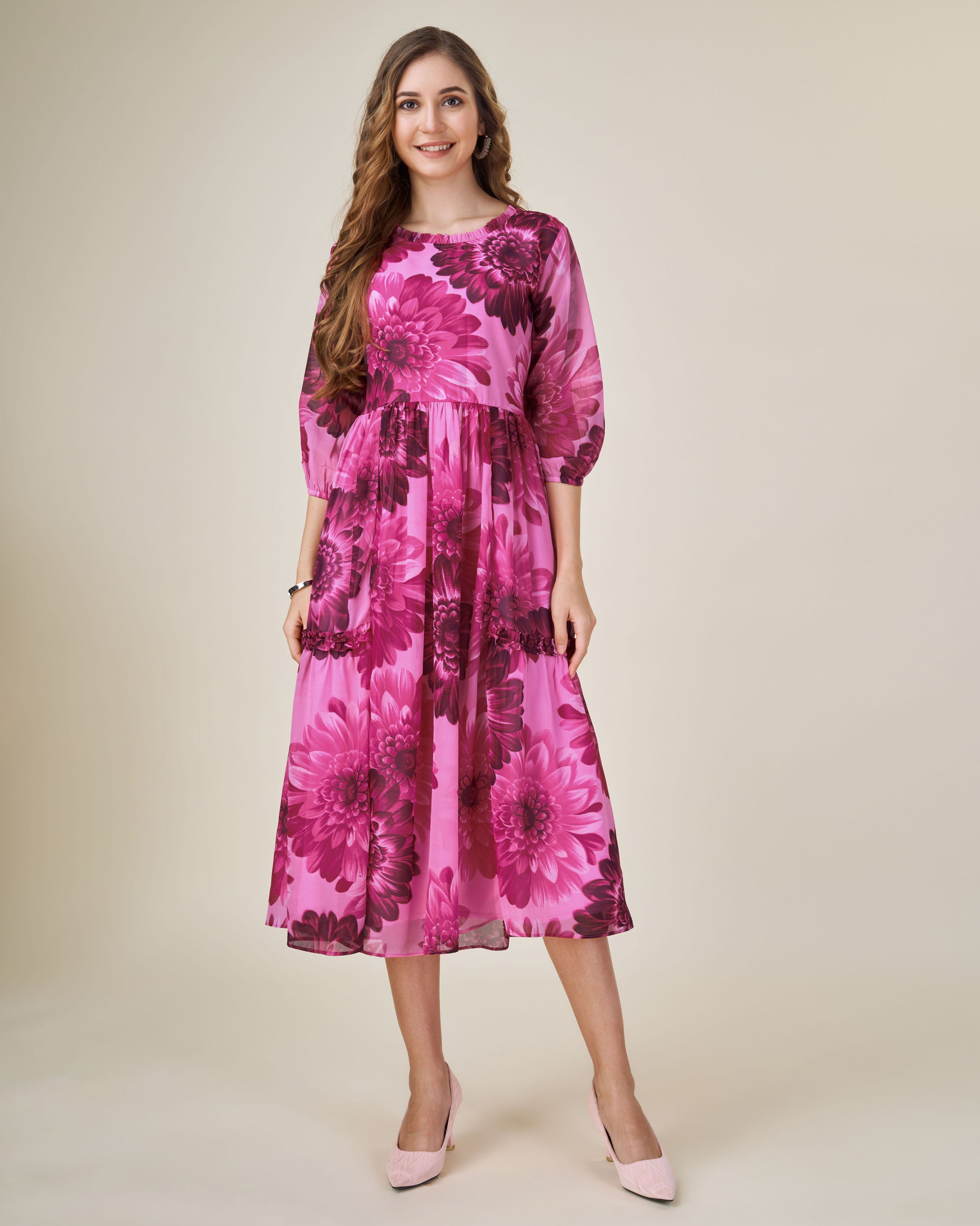 Pink Georgette Casual Midi Dress by Her Couture