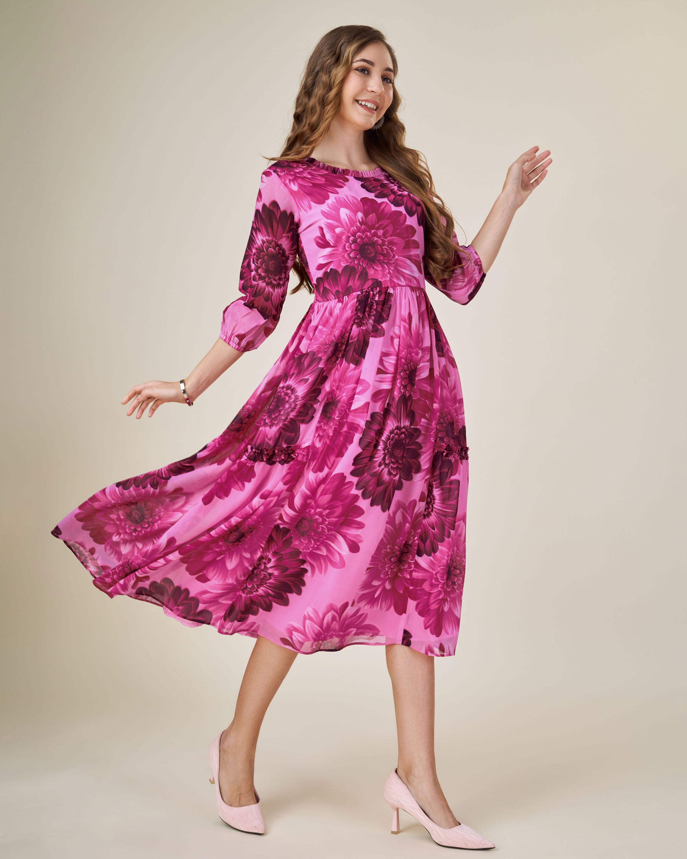 Her Couture Women's Pink Georgette Floral Printed Fit and Flare Dress With Ruffles