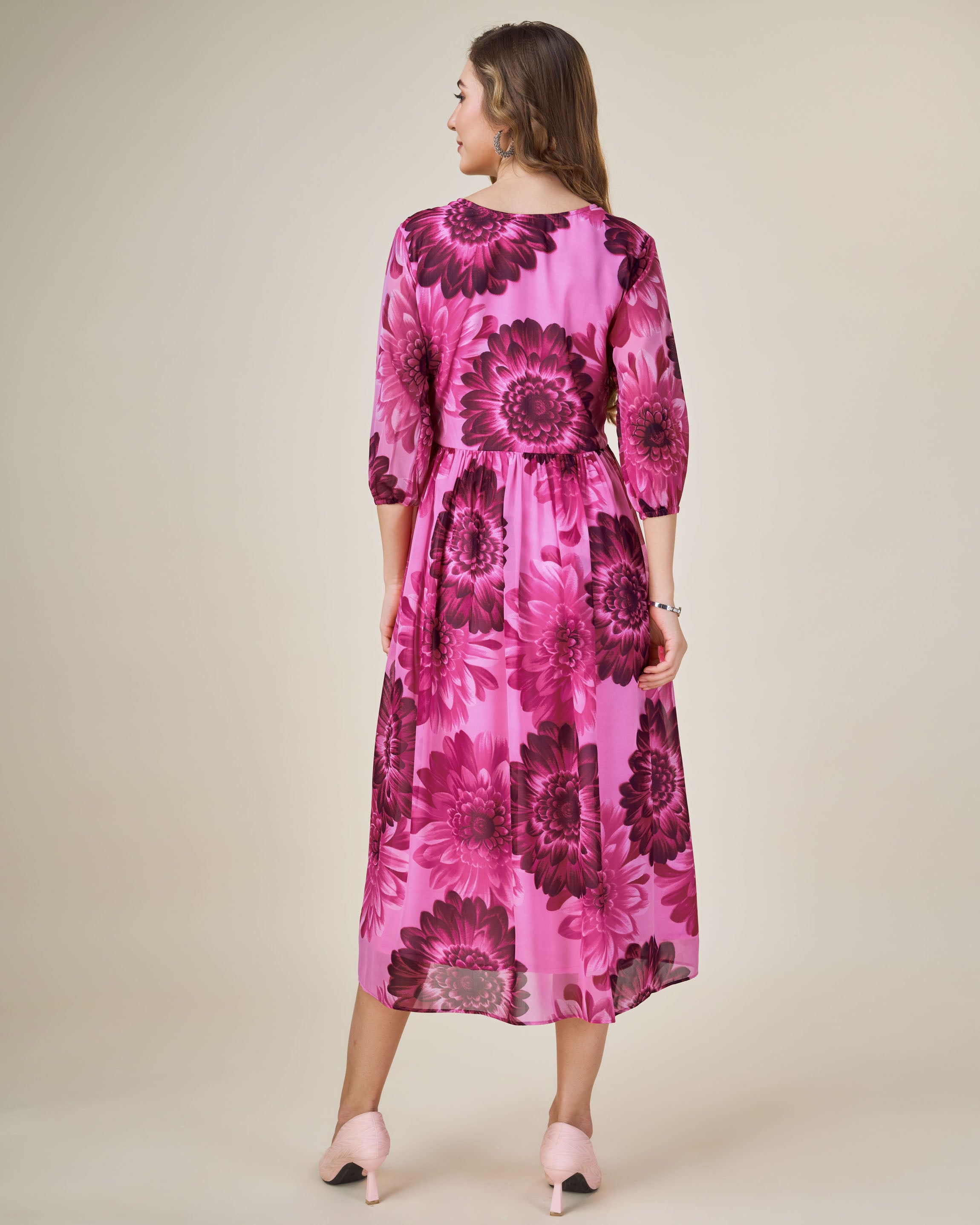Her Couture Women's Pink Georgette Floral Printed Fit and Flare Dress With Ruffles