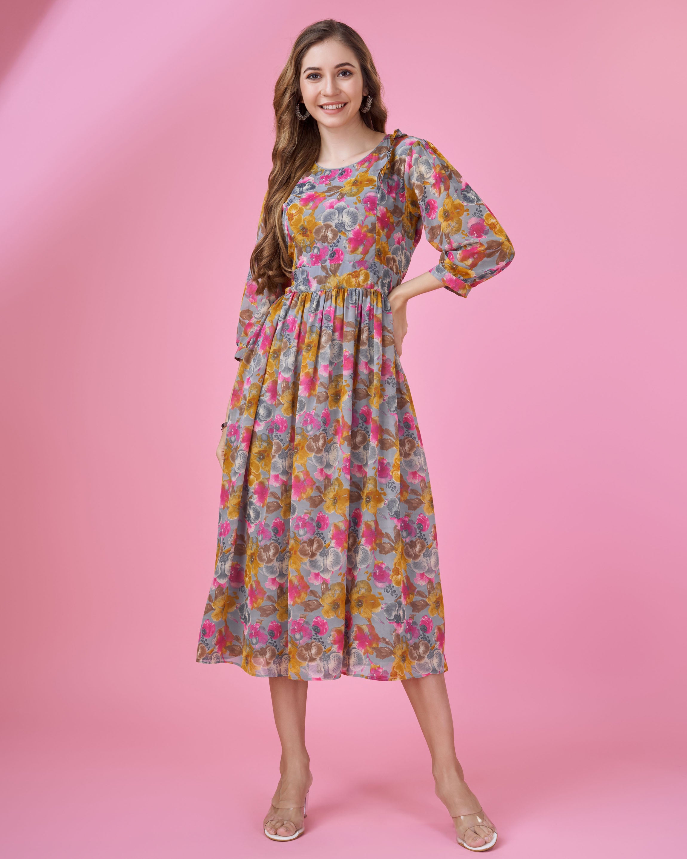 Grey Georgette Casual Midi Dress by Her Couture