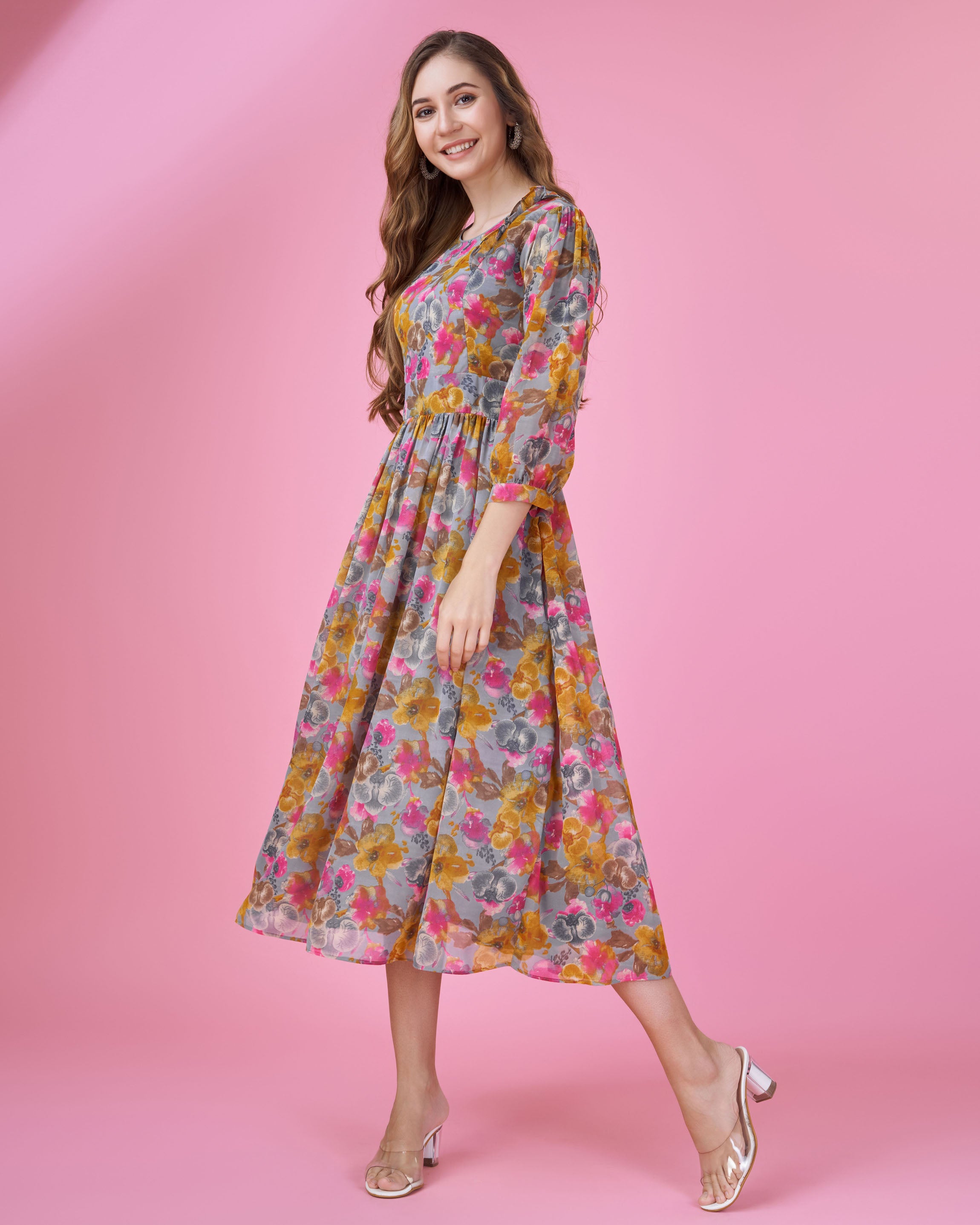 Her Couture Women's Grey Georgette Abstract Printed Fit and Flare Dress With Ruffles