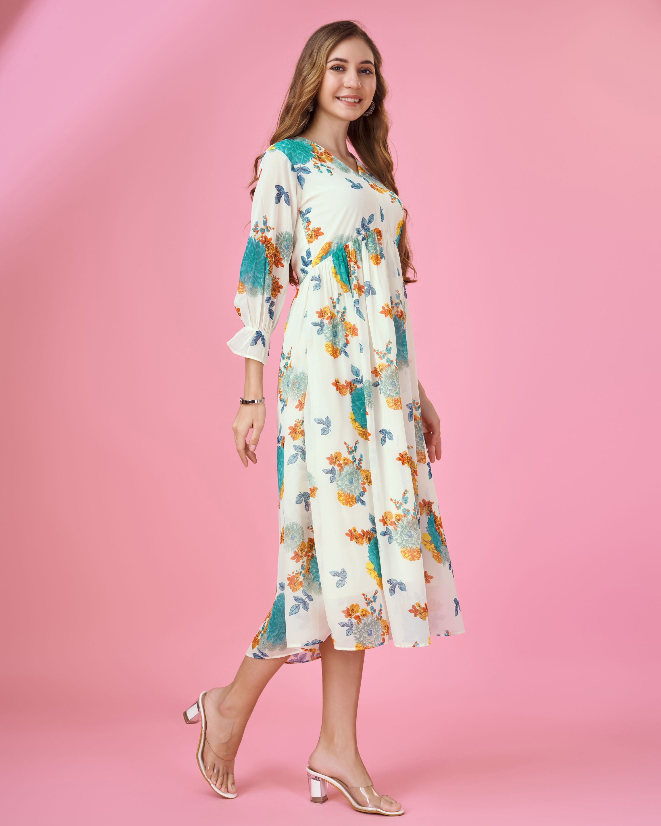 Her Couture Women's Turquoise Blue Georgette Botanical Printed Flared Dress With Empire Style