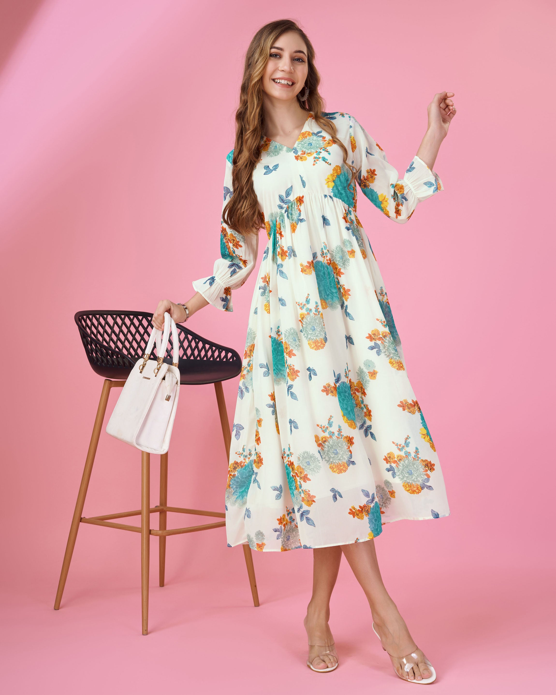 Her Couture Women's Turquoise Blue Georgette Botanical Printed Flared Dress With Empire Style