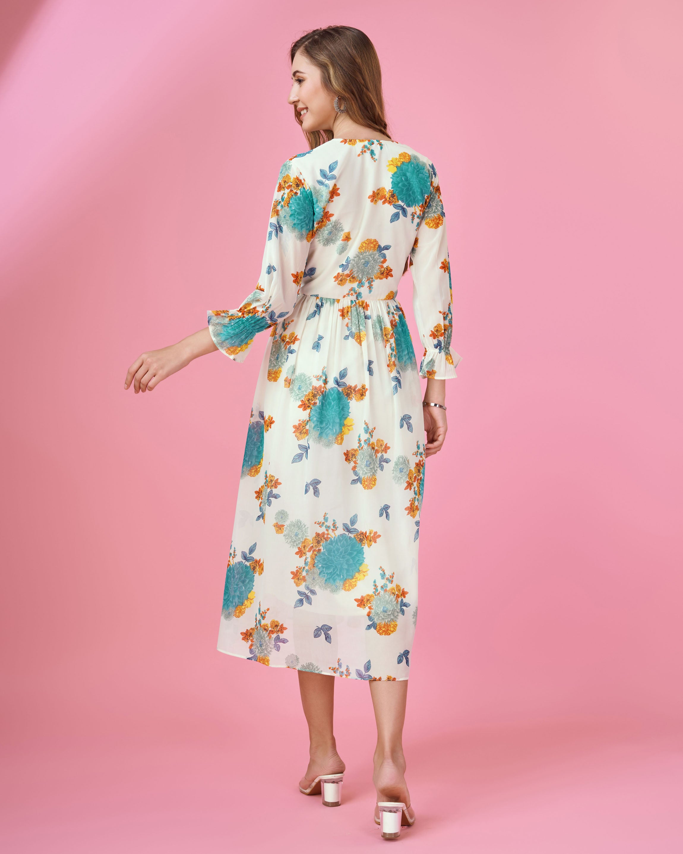 Her Couture Women's Turquoise Blue Georgette Botanical Printed Flared Dress With Empire Style