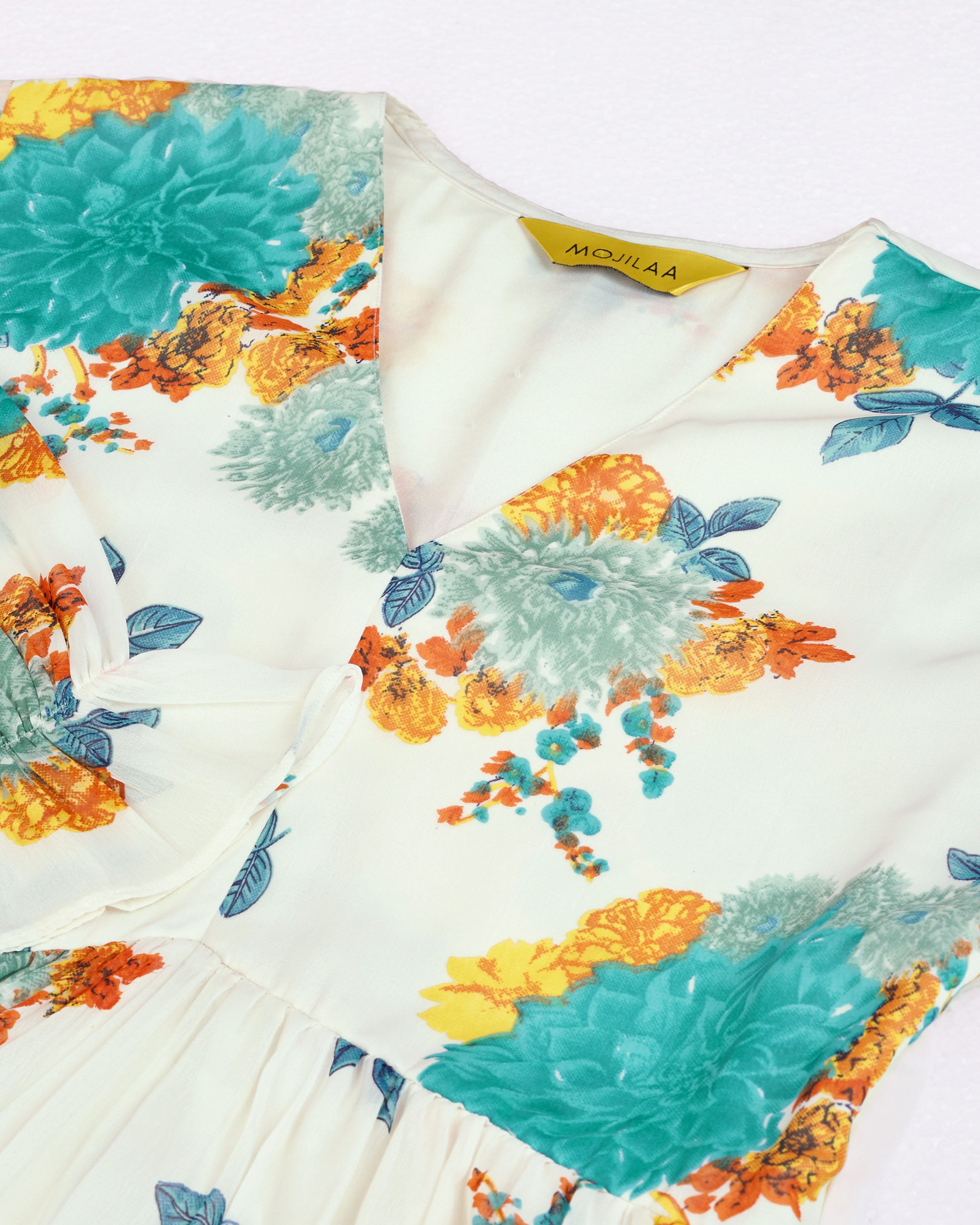 Her Couture Women's Turquoise Blue Georgette Botanical Printed Flared Dress With Empire Style