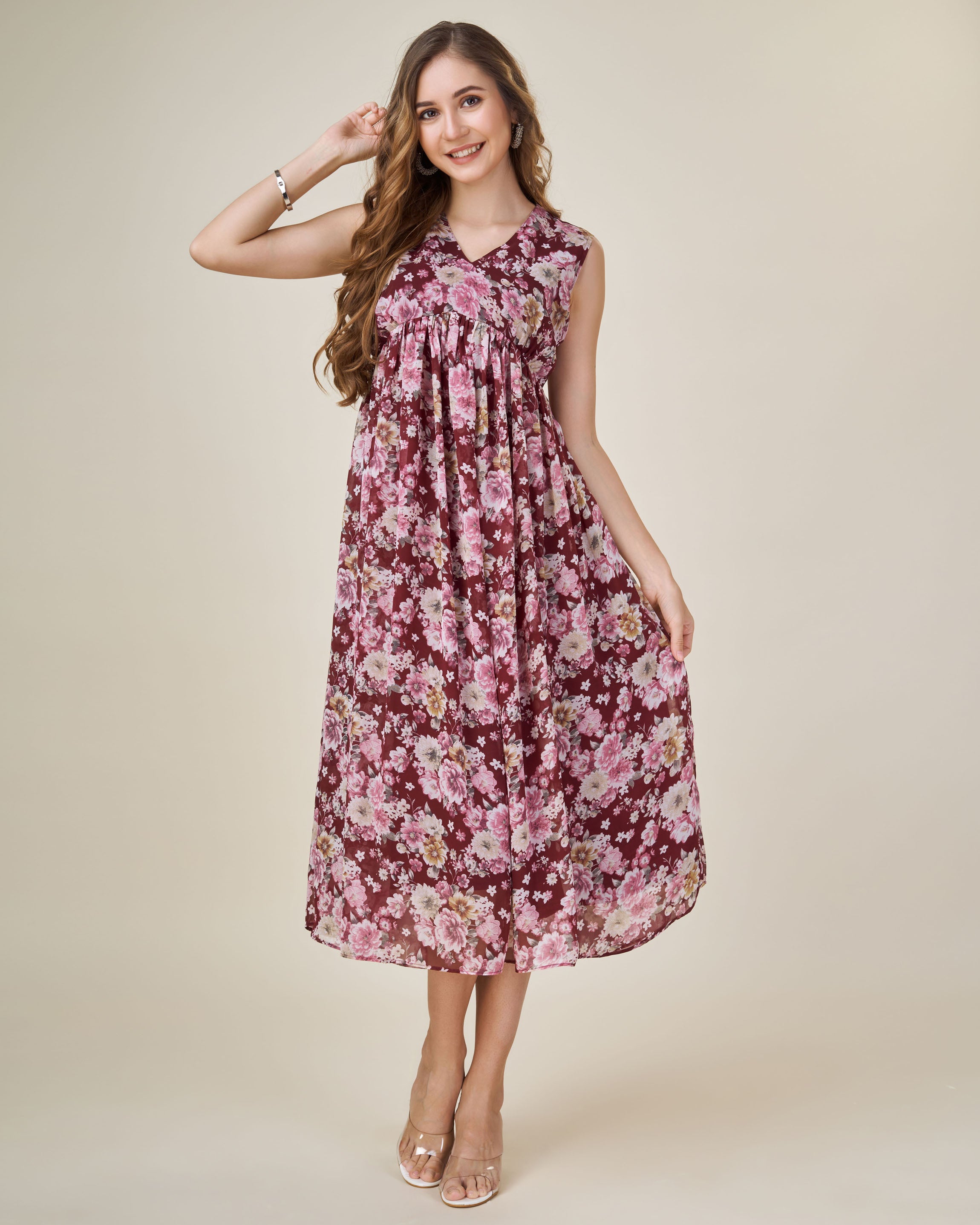 Burgundy Georgette Casual Midi Dress by Her Couture
