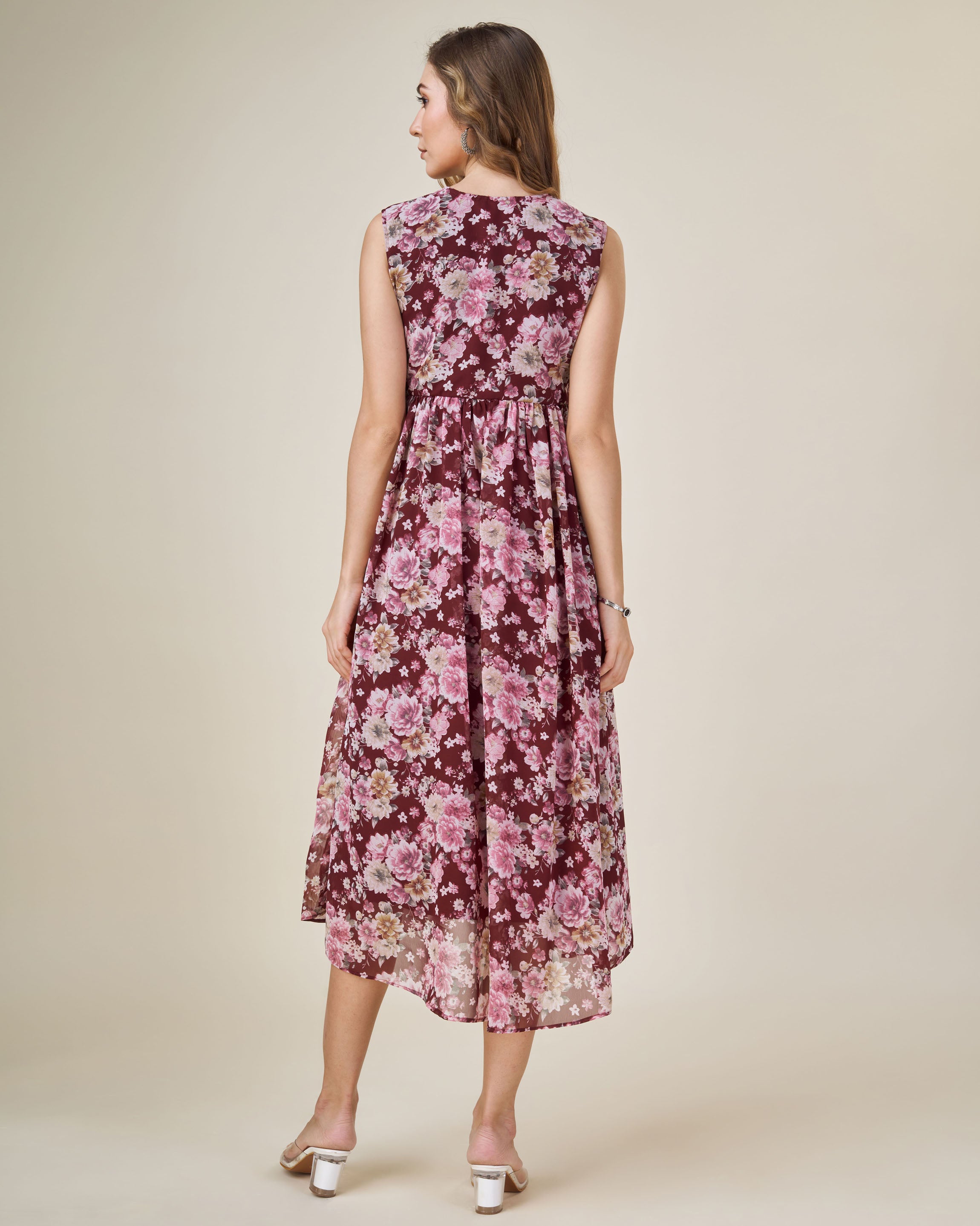 Her Couture Women's Burgundy Georgette Floral Printed Empire Dress