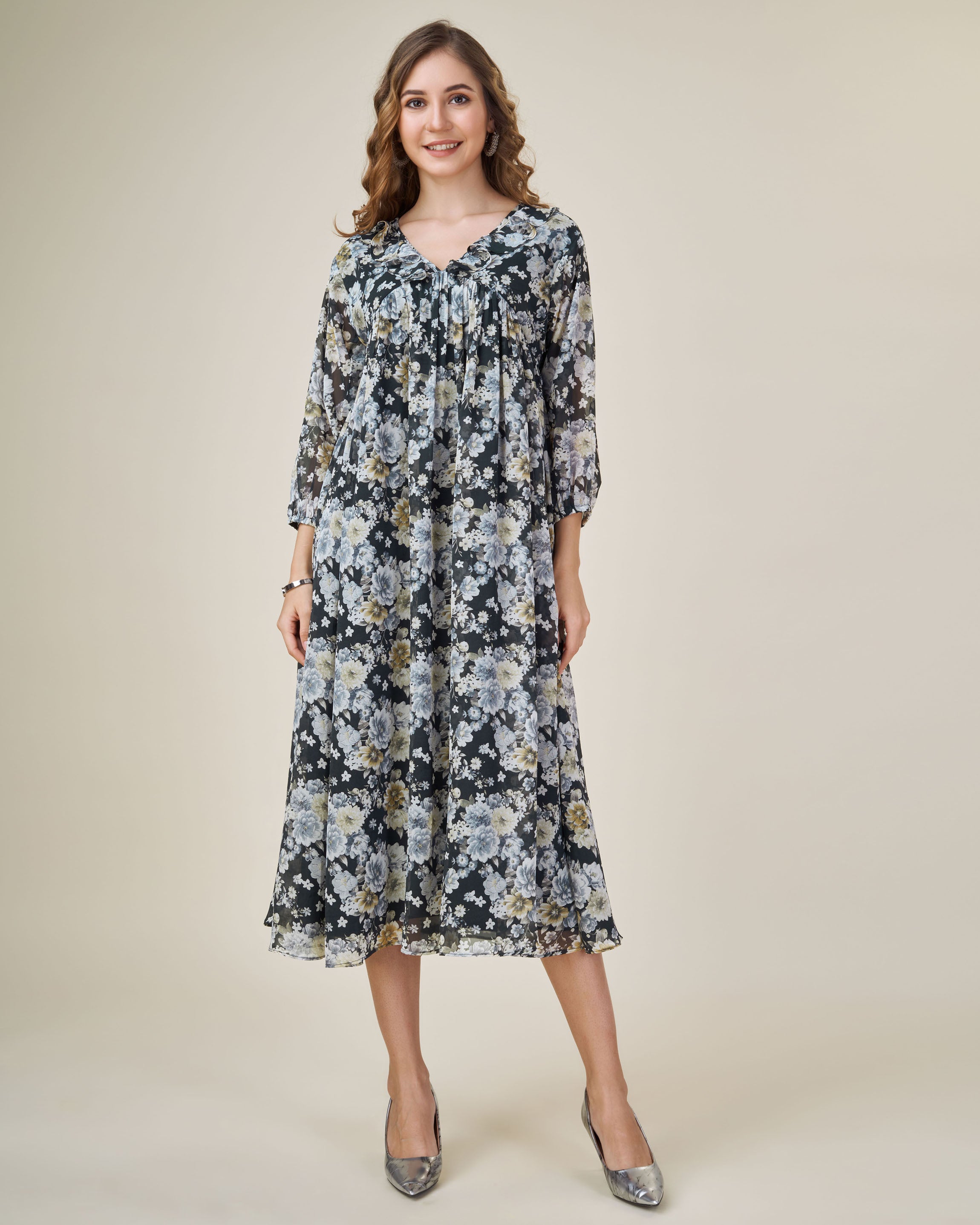 Black Georgette Casual Midi Dress by Her Couture