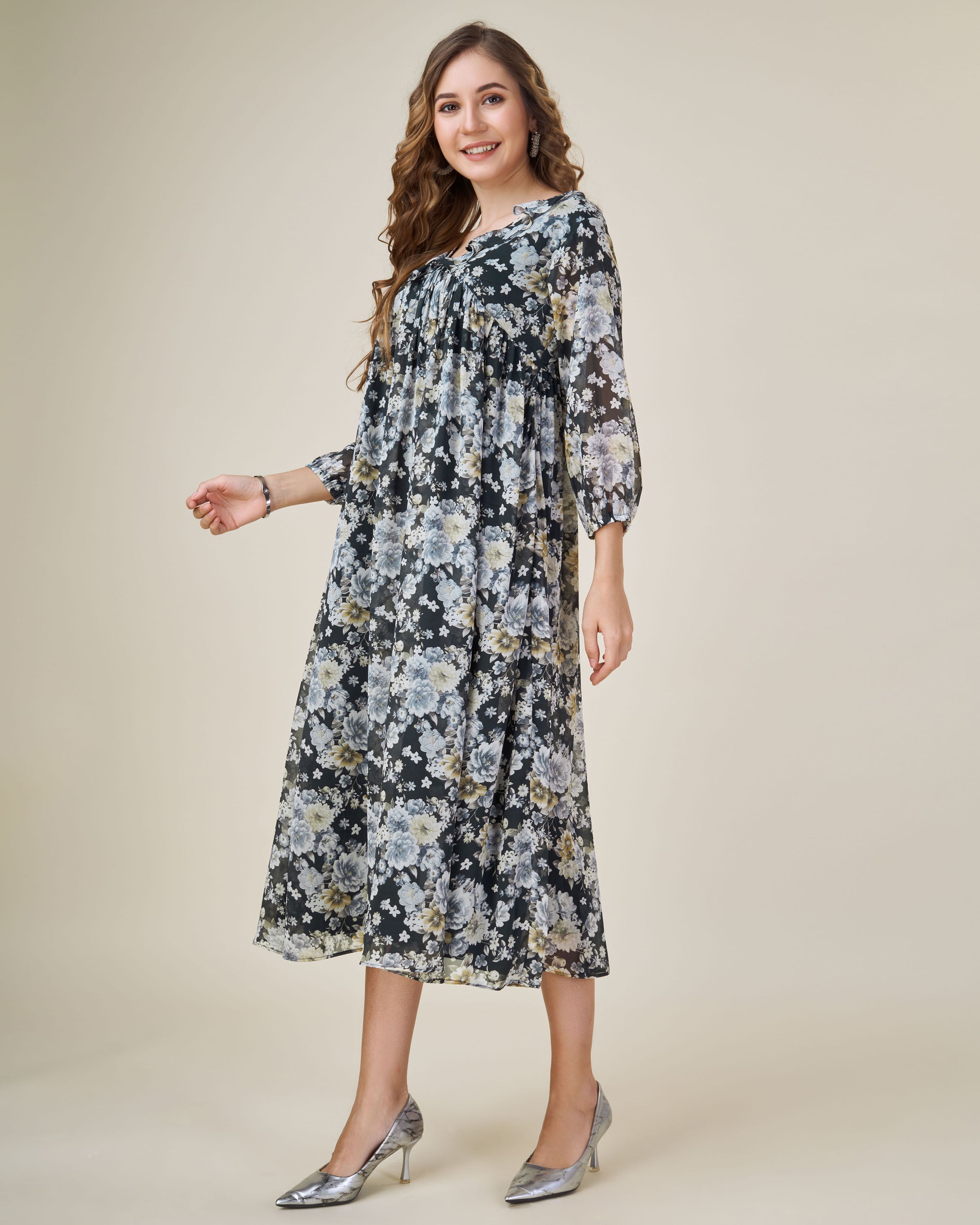 Her Couture Women's Black Georgette Floral Printed Empire Dress With Ruffles