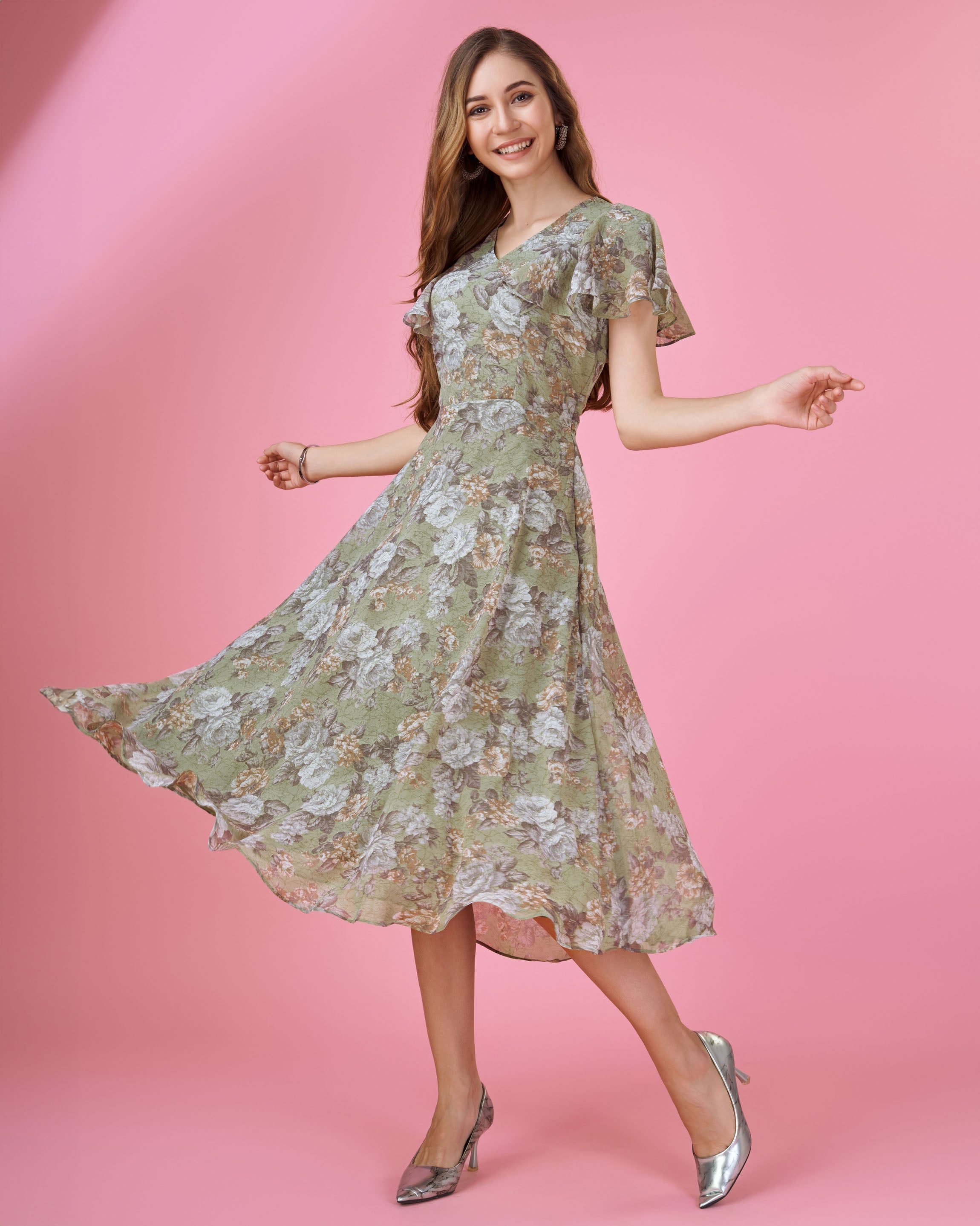 Olive Green Georgette Casual Midi Dress by Her Couture