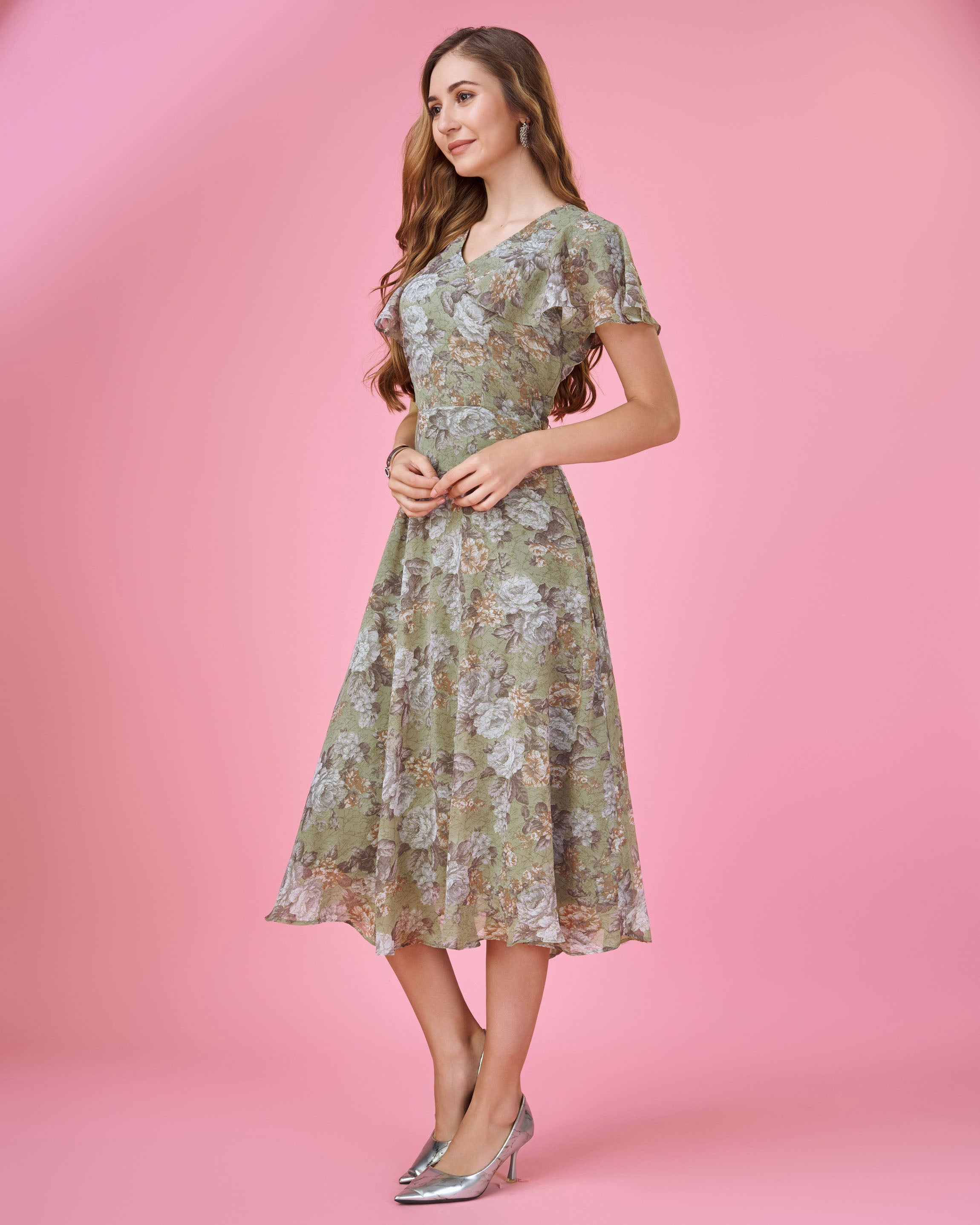Her Couture Women's Olive Green Georgette Floral Printed Empire Dress With Ruffles