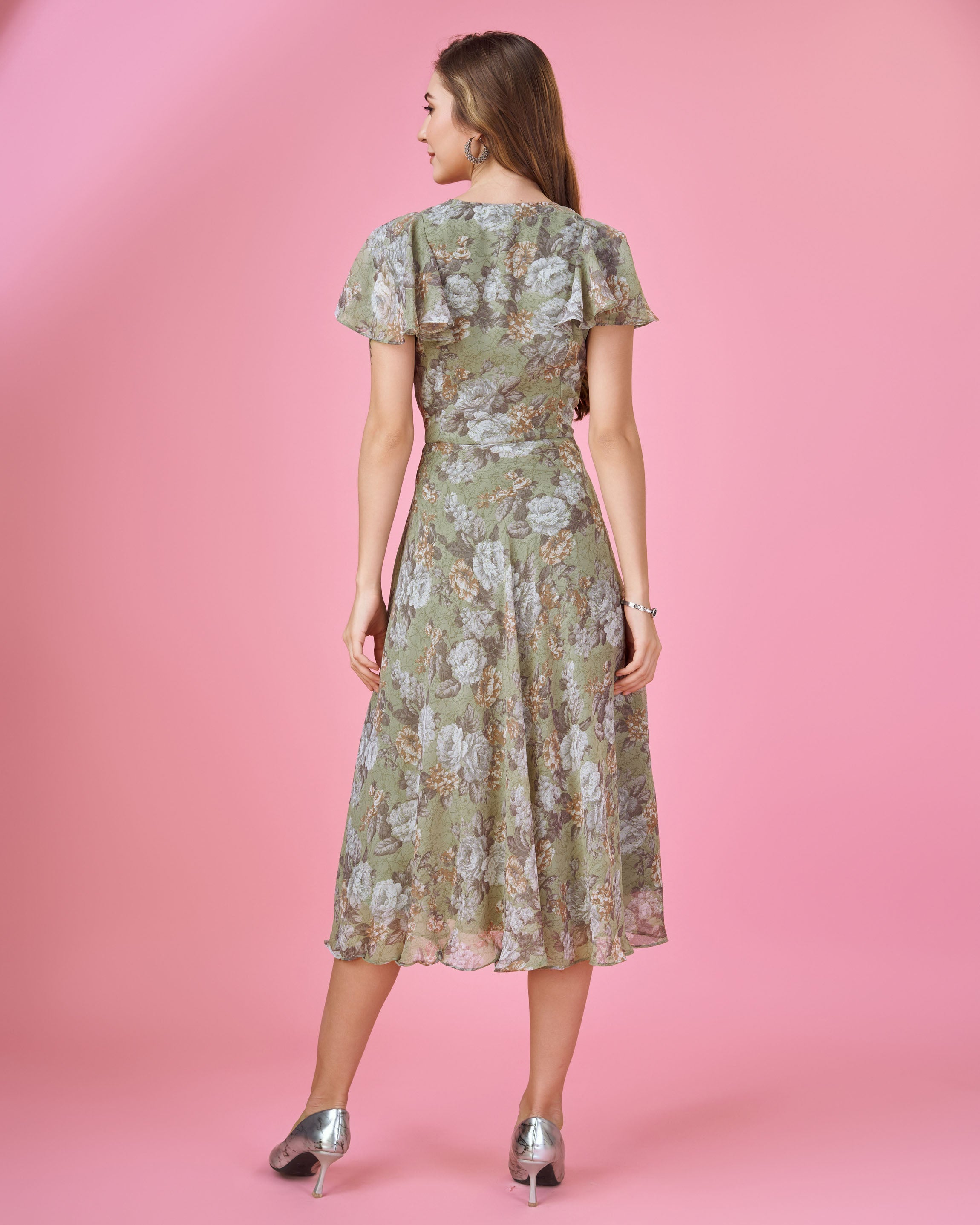 Her Couture Women's Olive Green Georgette Floral Printed Empire Dress With Ruffles