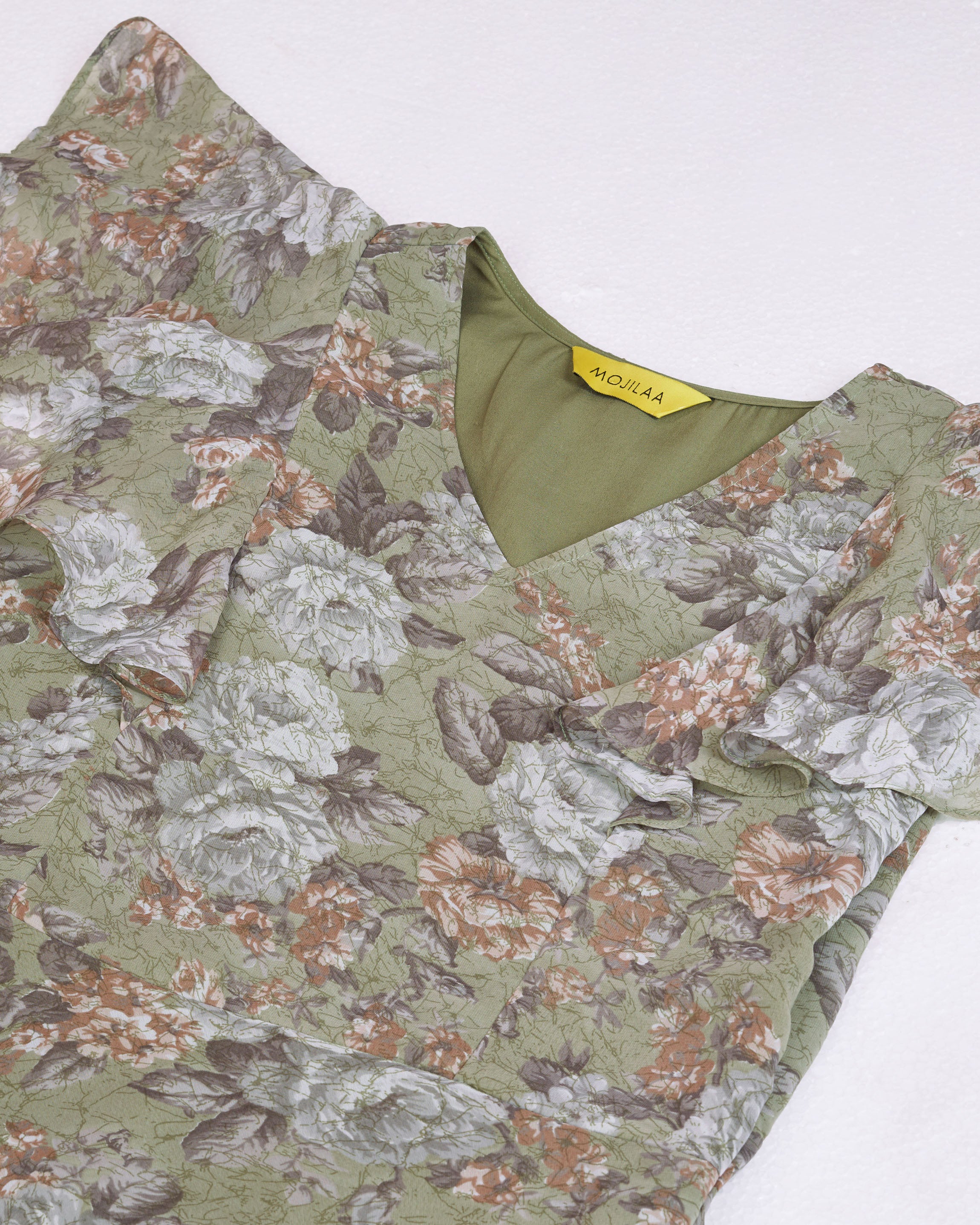 Her Couture Women's Olive Green Georgette Floral Printed Empire Dress With Ruffles