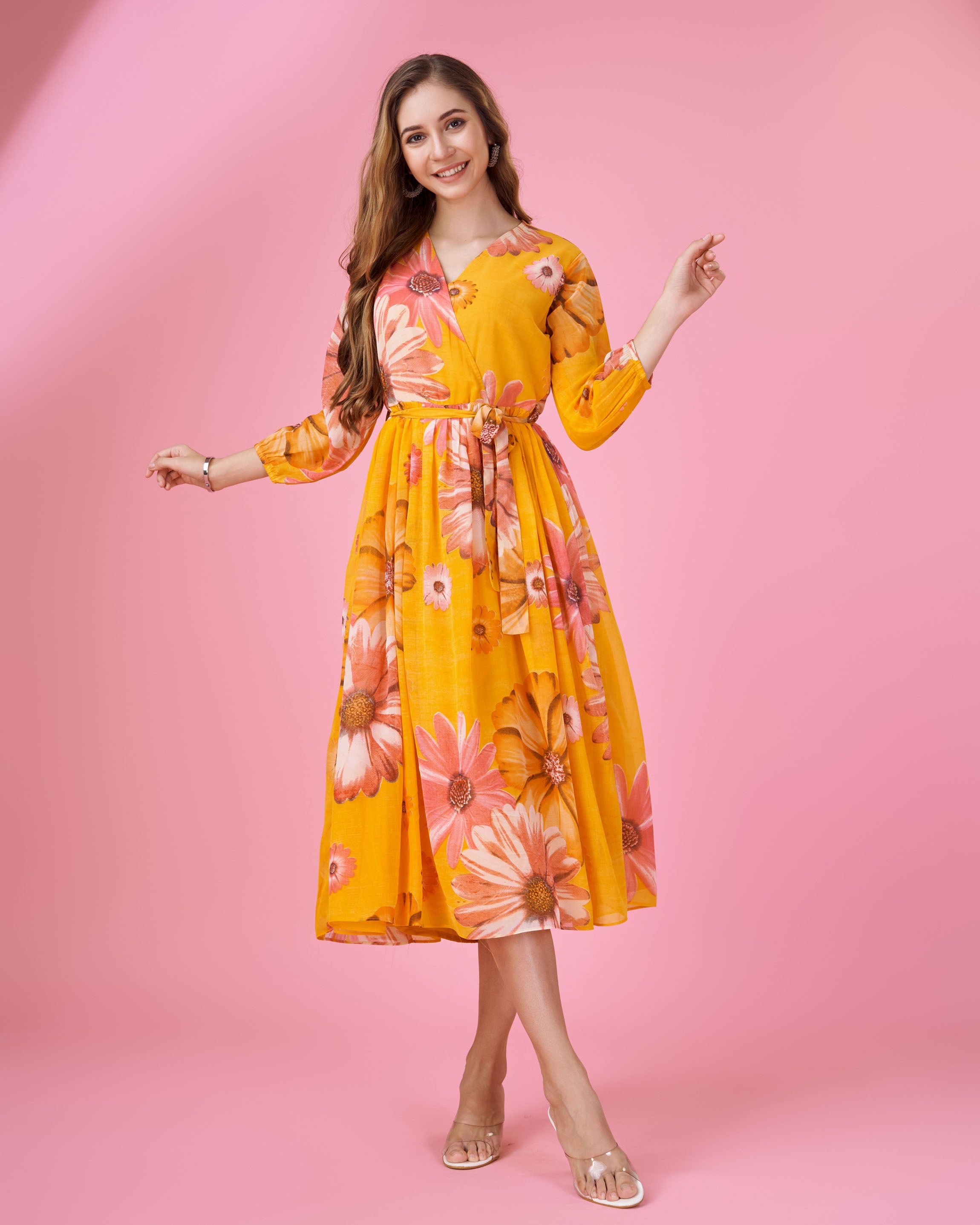 Mustard Georgette Casual Midi Dress by Her Couture