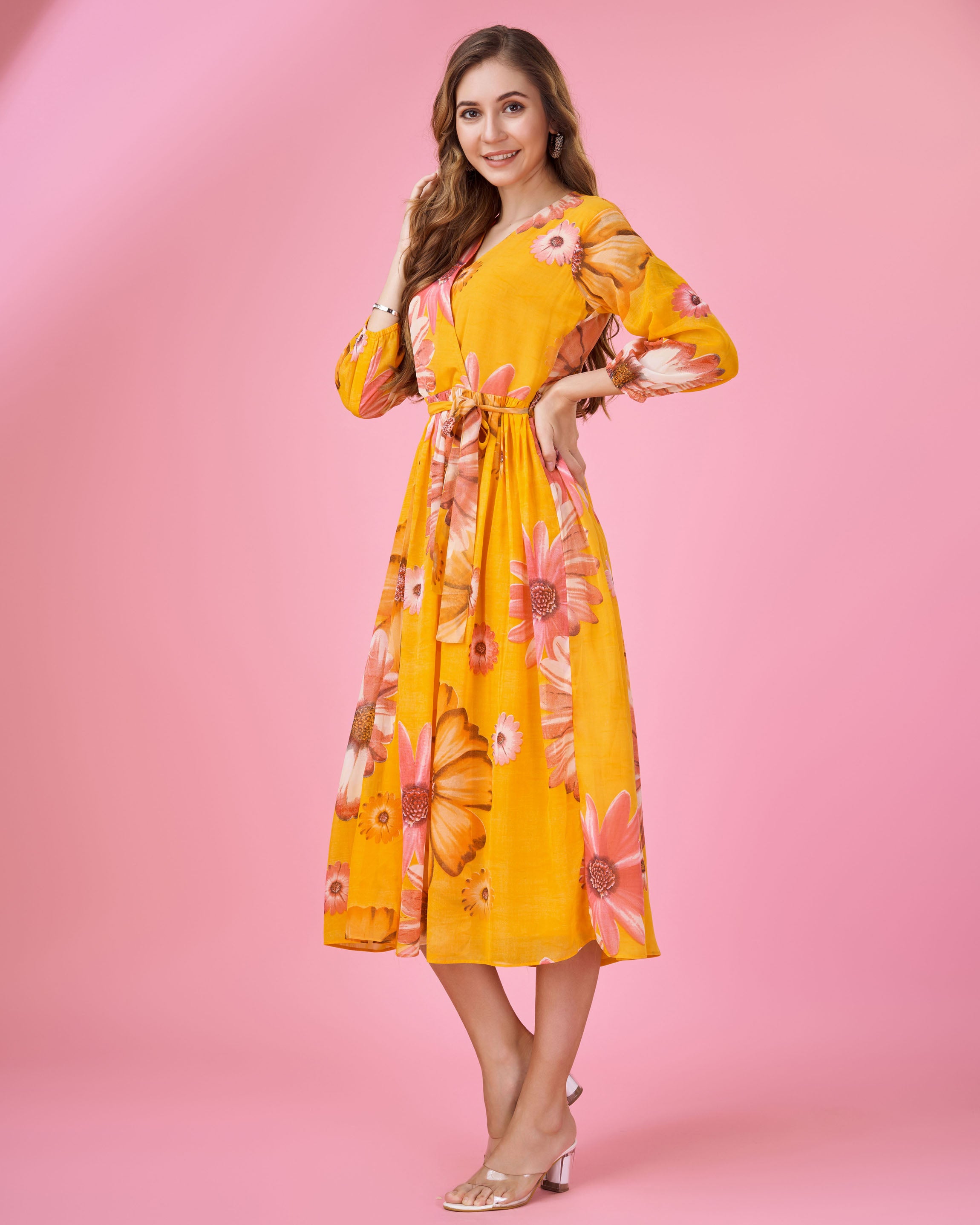 Her Couture Women's Mustard Georgette Floral Printed Wrap Dress With Belt