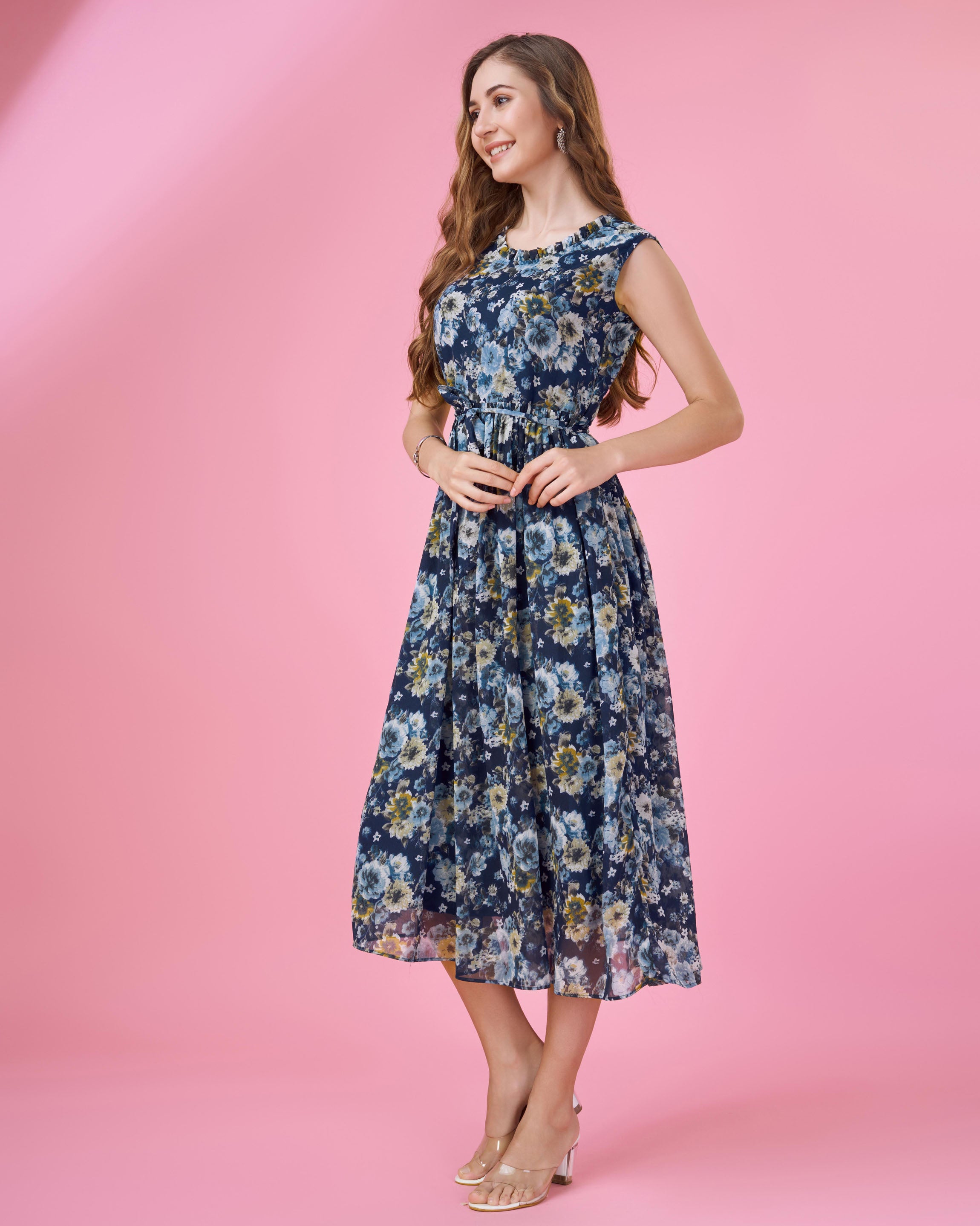 Her Couture Women's Navy Blue Georgette Floral Printed Flared Dress With Belt